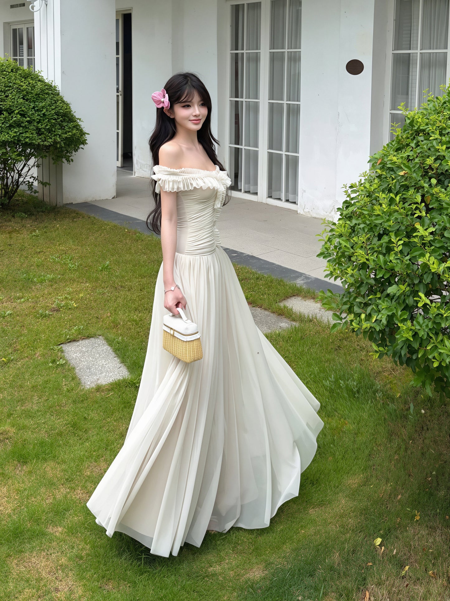 【dress】オフショルダーシアーチュールロングワンピース Q8850