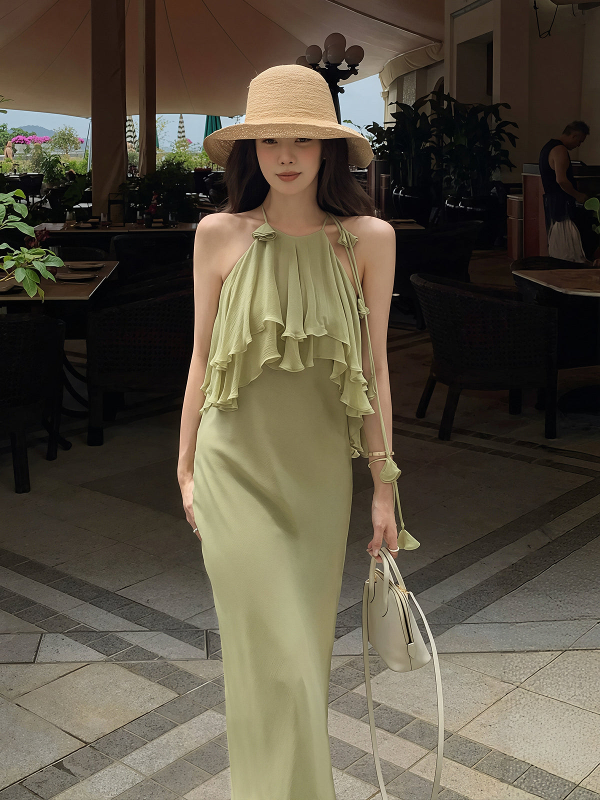 【dress】ホルターネックフリルロングワンピース Q8870