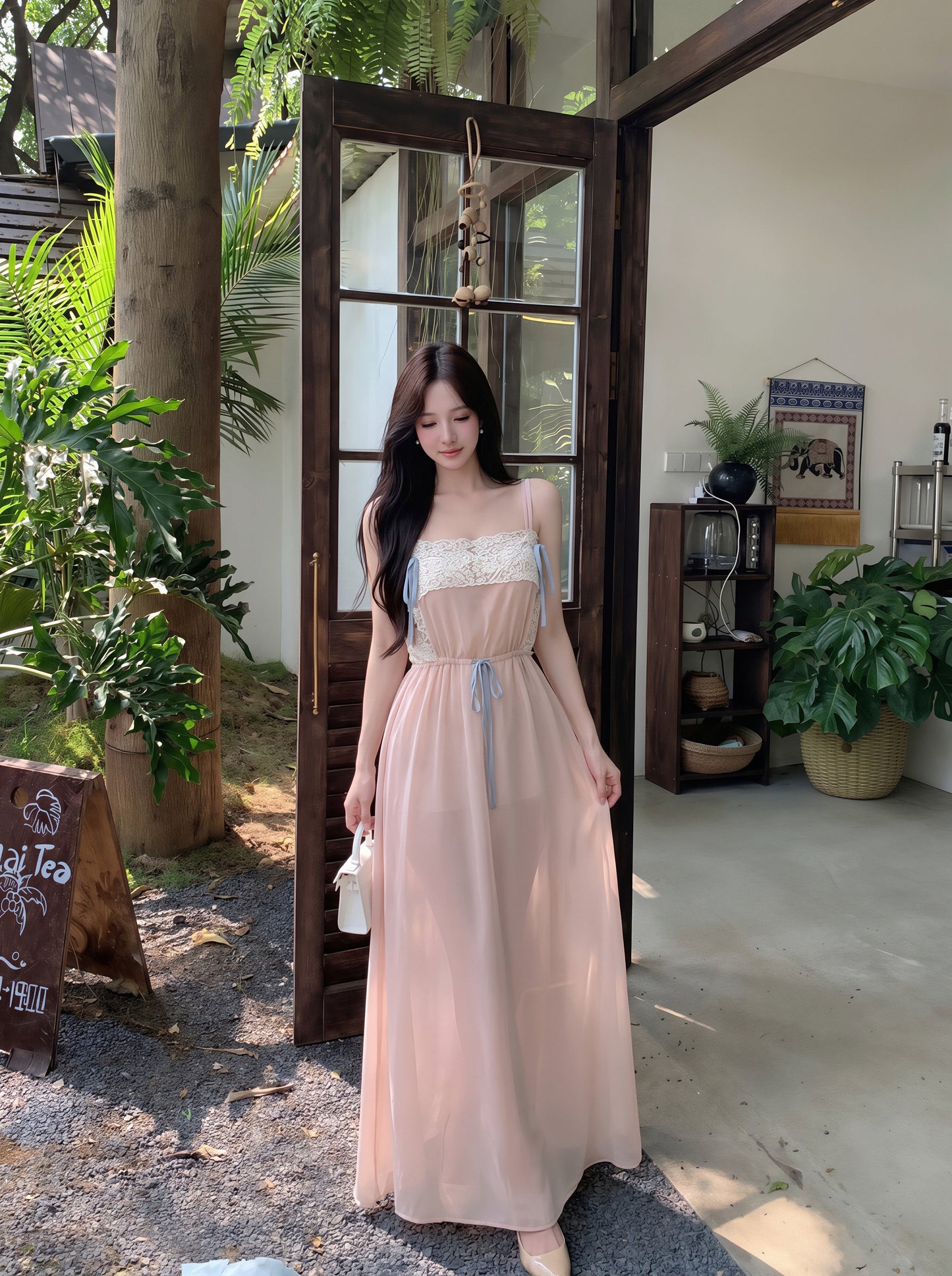 【dress】レースドッキングシフォンロングキャミワンピース Q8781