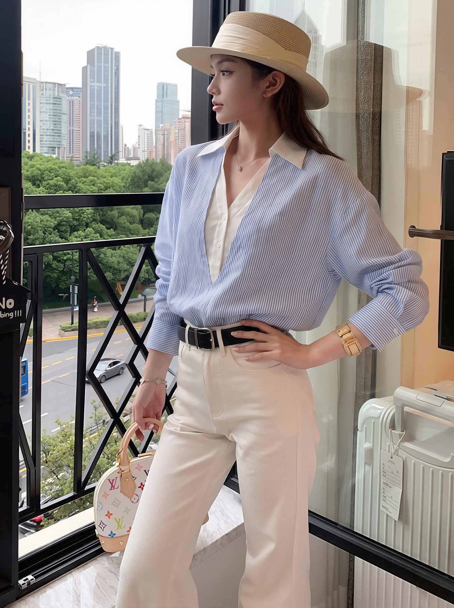 【tops】ストライプ柄フェイクレイヤードトップス Q8784
