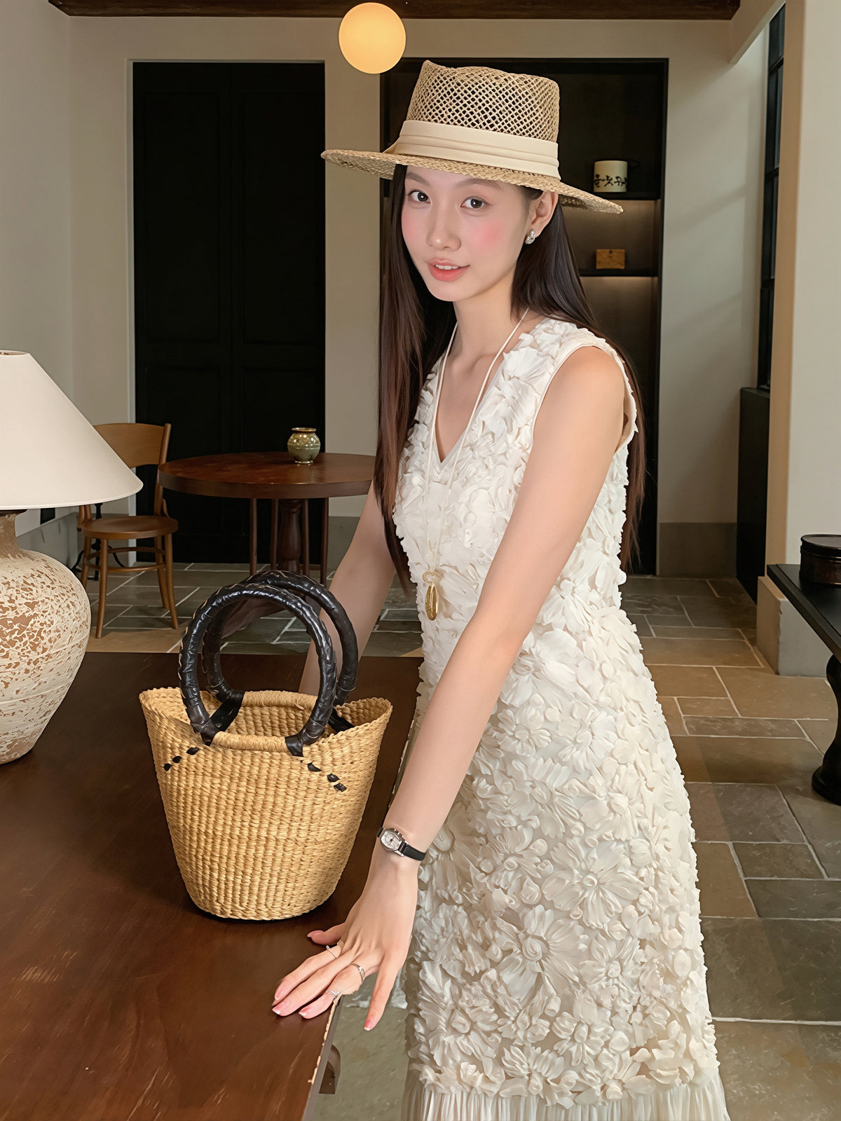 【dress】Vネックチュールドッキングロングベストワンピース Q8824