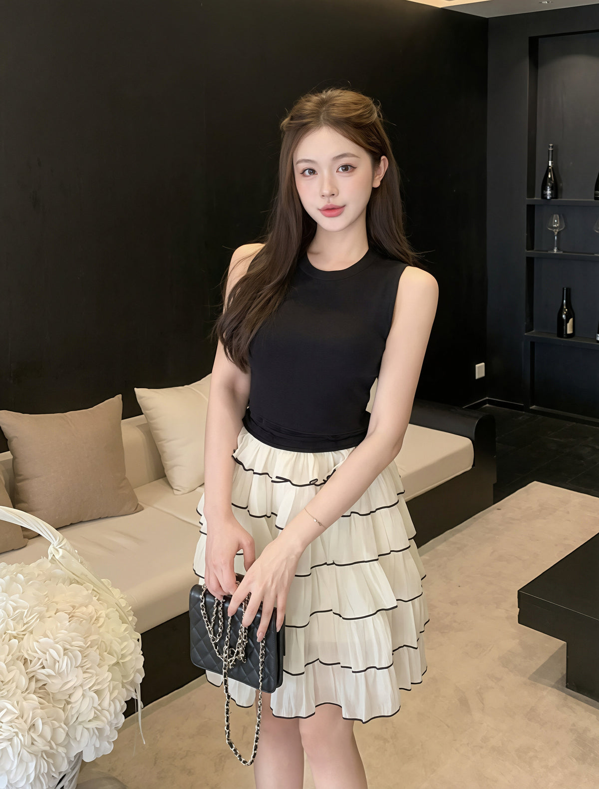 【dress】ノースリーブティアードミニワンピース Q8811