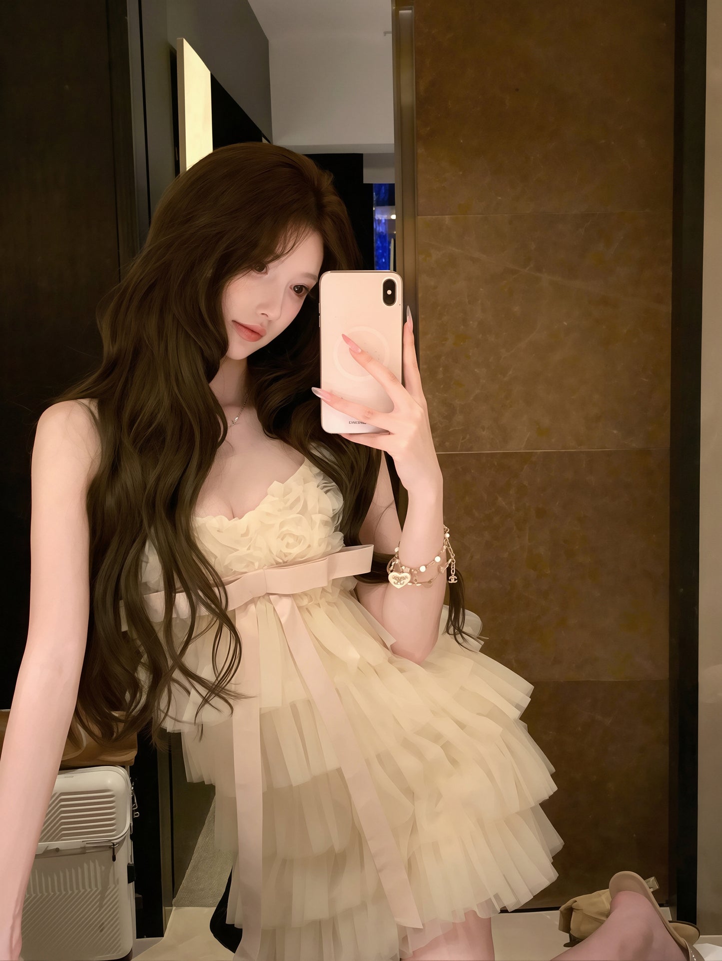 【dress】リボン付きティアードキャミワンピース Q8879