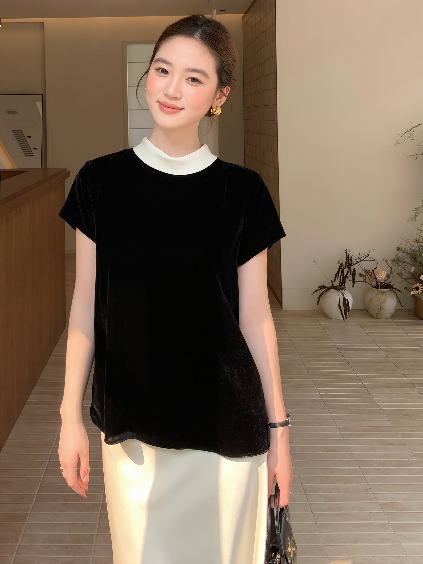 【tops】ベルベット半袖配色トップス Q8752