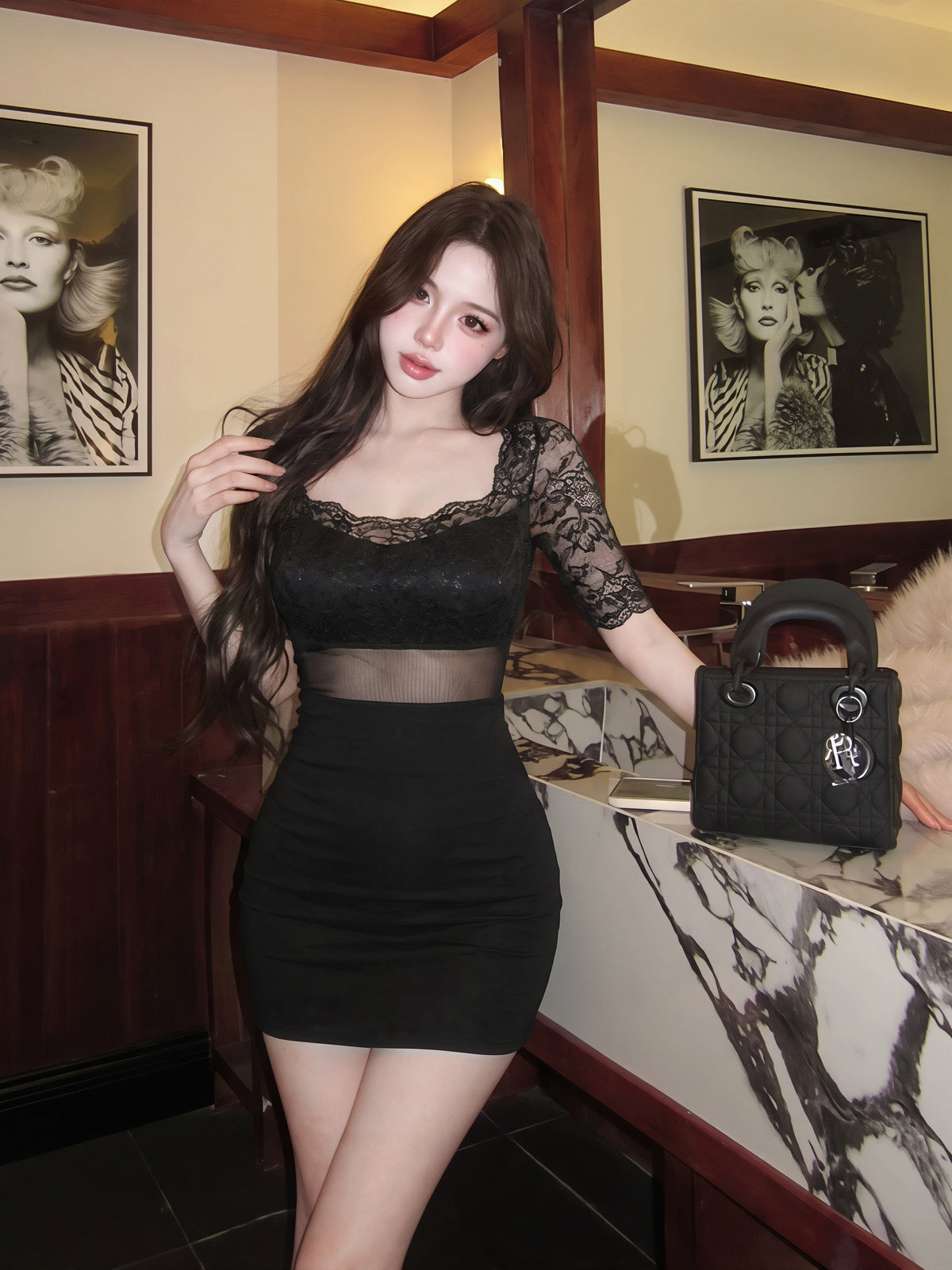 【dress】オフショルダーレースドッキングミニワンピース Q8861