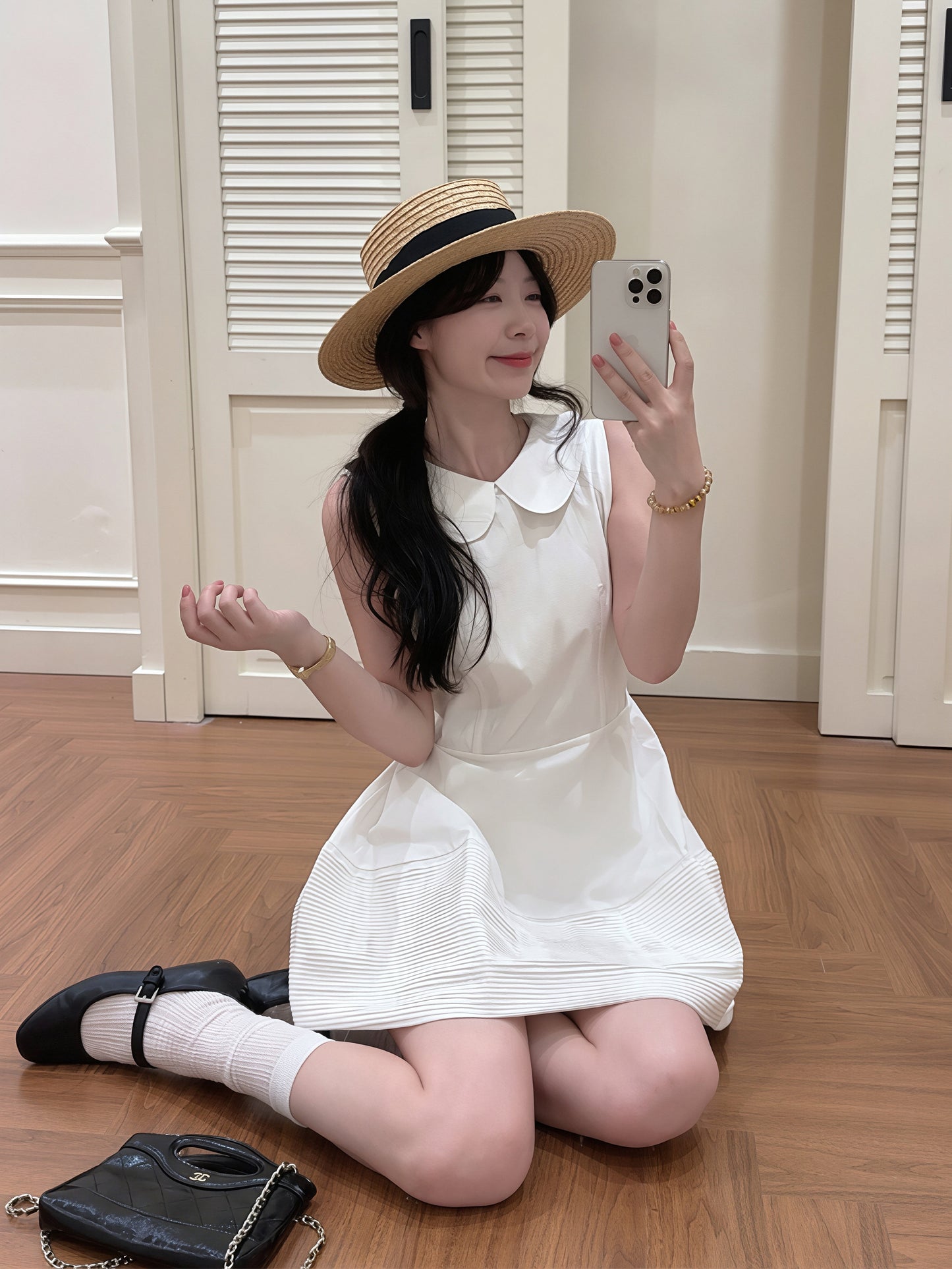 【dress】ピーターパンカラーノースリーブAラインワンピース Q8828