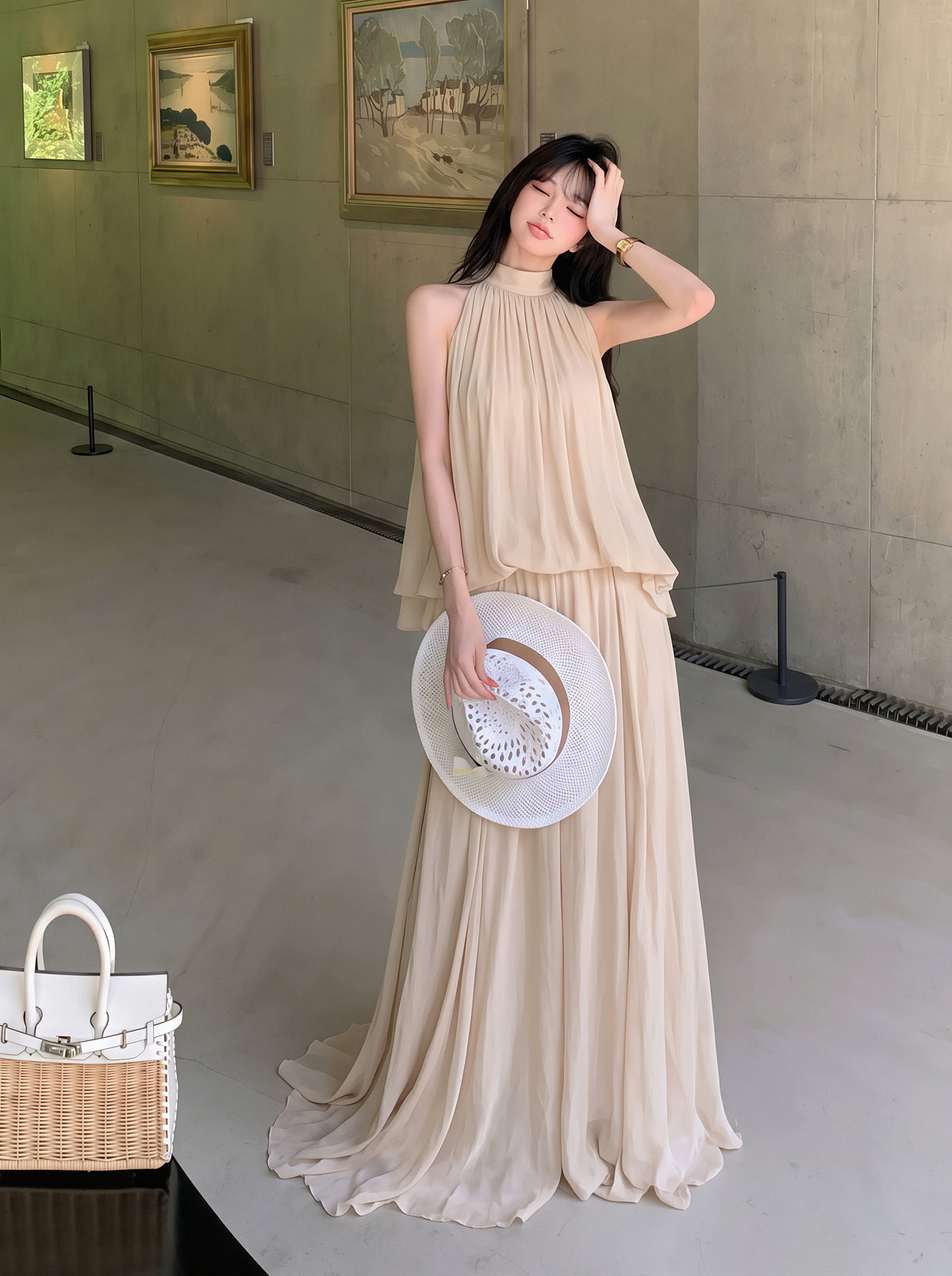 【set】ノースリーブトップス×ロングスカートセット Q8732
