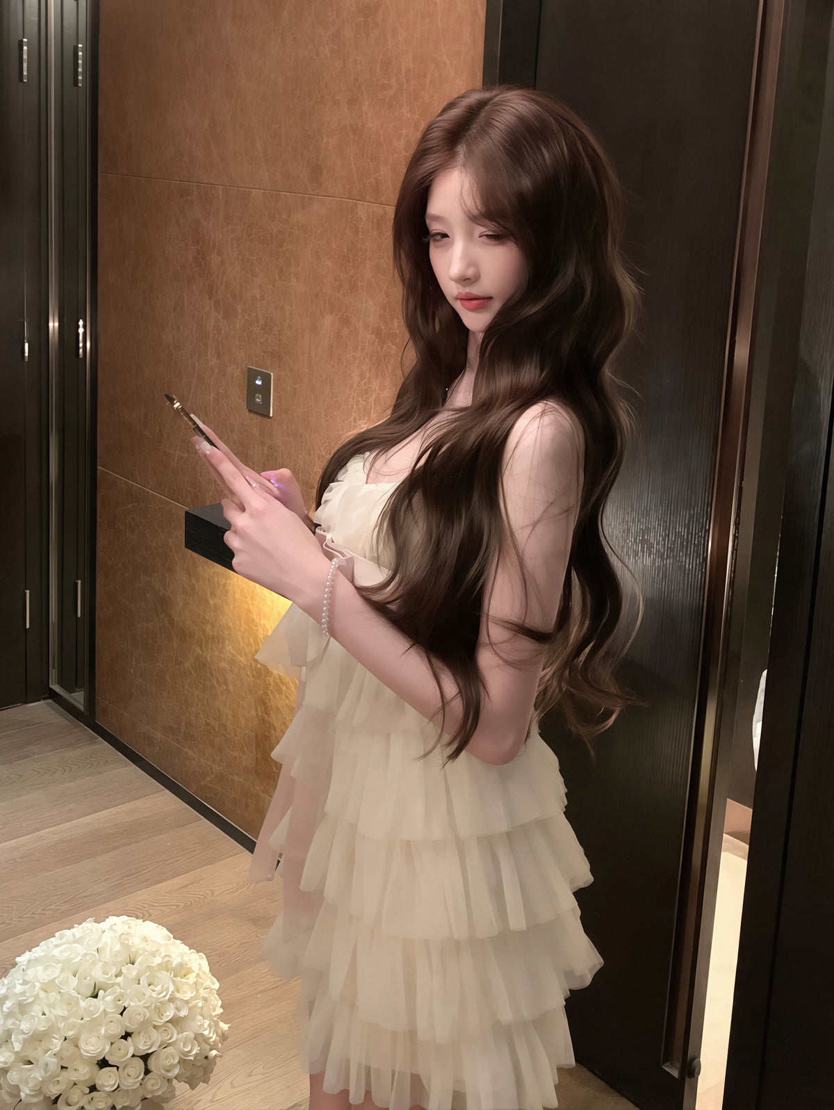 【dress】リボン付きティアードキャミワンピース Q8879