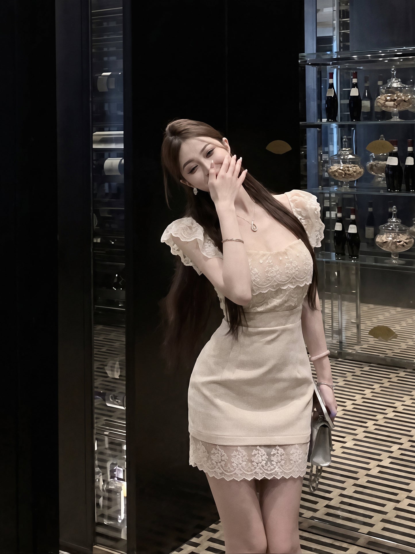 【dress】フラッタースリーブレースワンピース Q8778