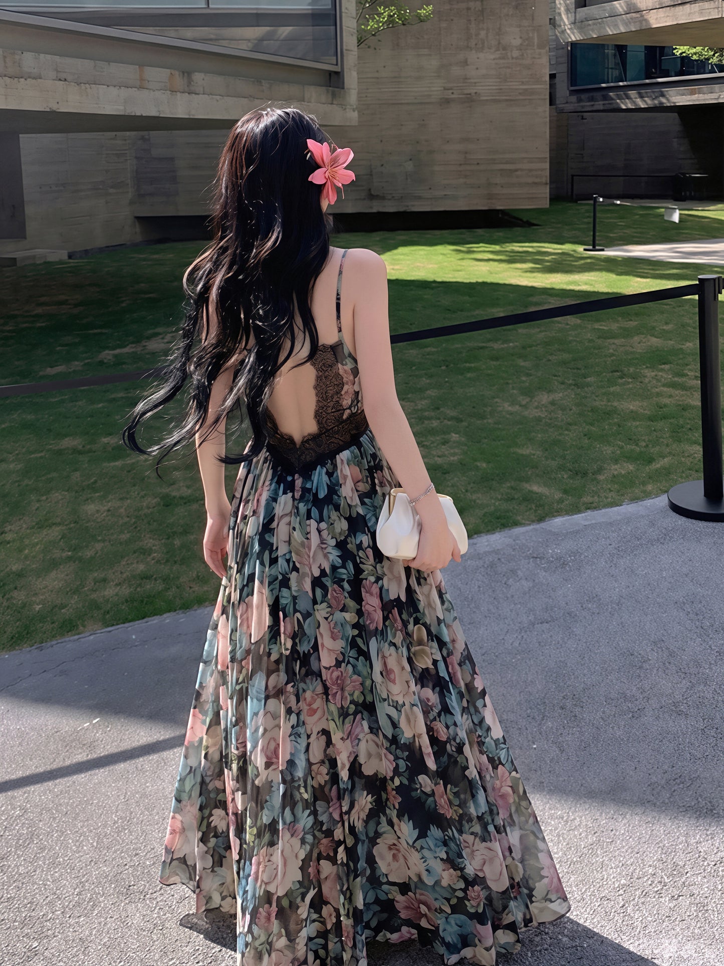 【dress】フラワー柄レースドッキングロングキャミワンピース Q8728