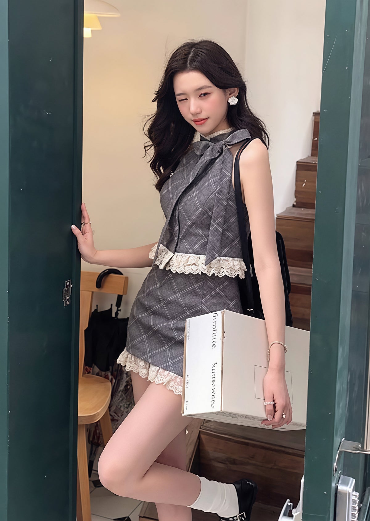 【set】レースドッキングノースリーブトップス×ミニタイトスカートセット Q8826