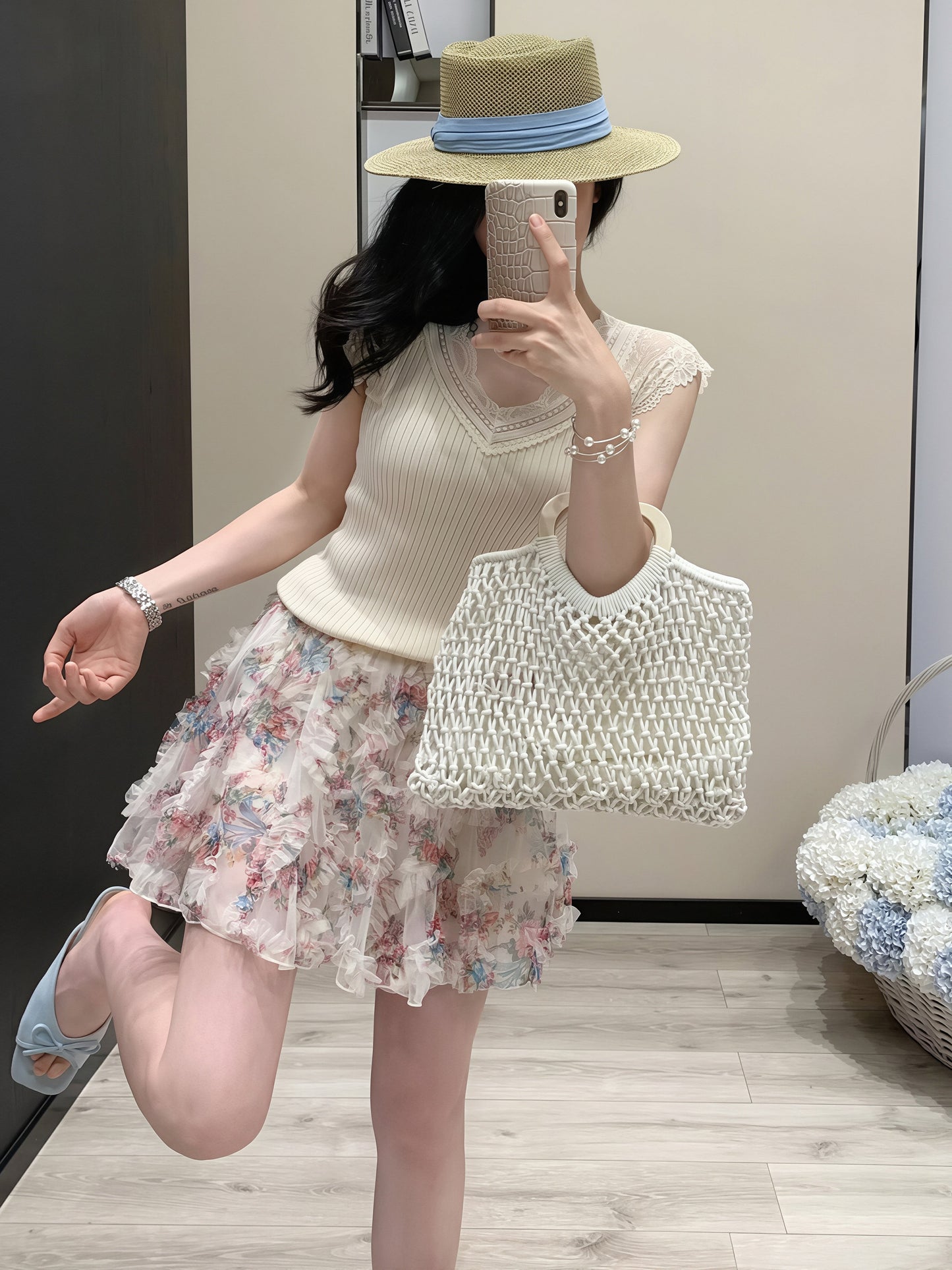 【set】レースドッキングトップス×フラワー柄スカートセット Q8816
