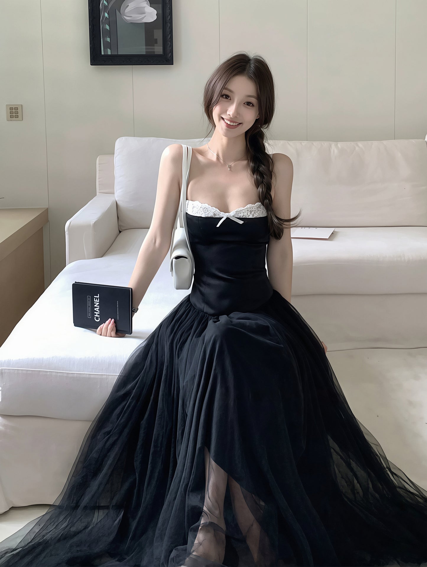 【dress】チュールドッキングAラインロングキャミワンピース Q8867