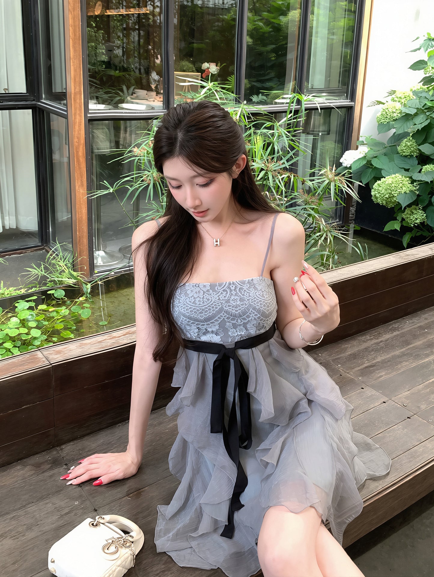 【dress】レースドッキングミニキャミワンピース Q8866