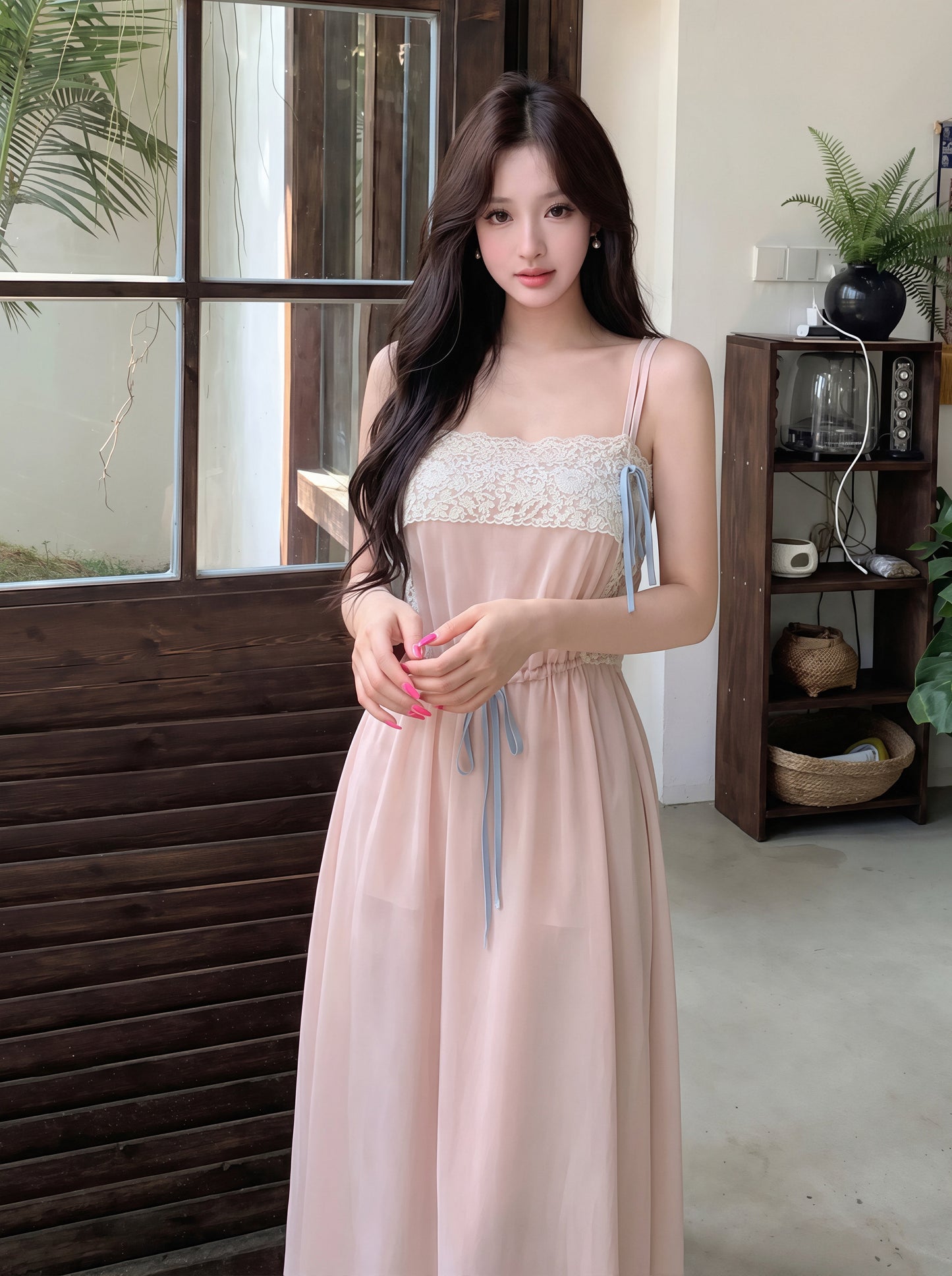 【dress】レースドッキングシフォンロングキャミワンピース Q8781