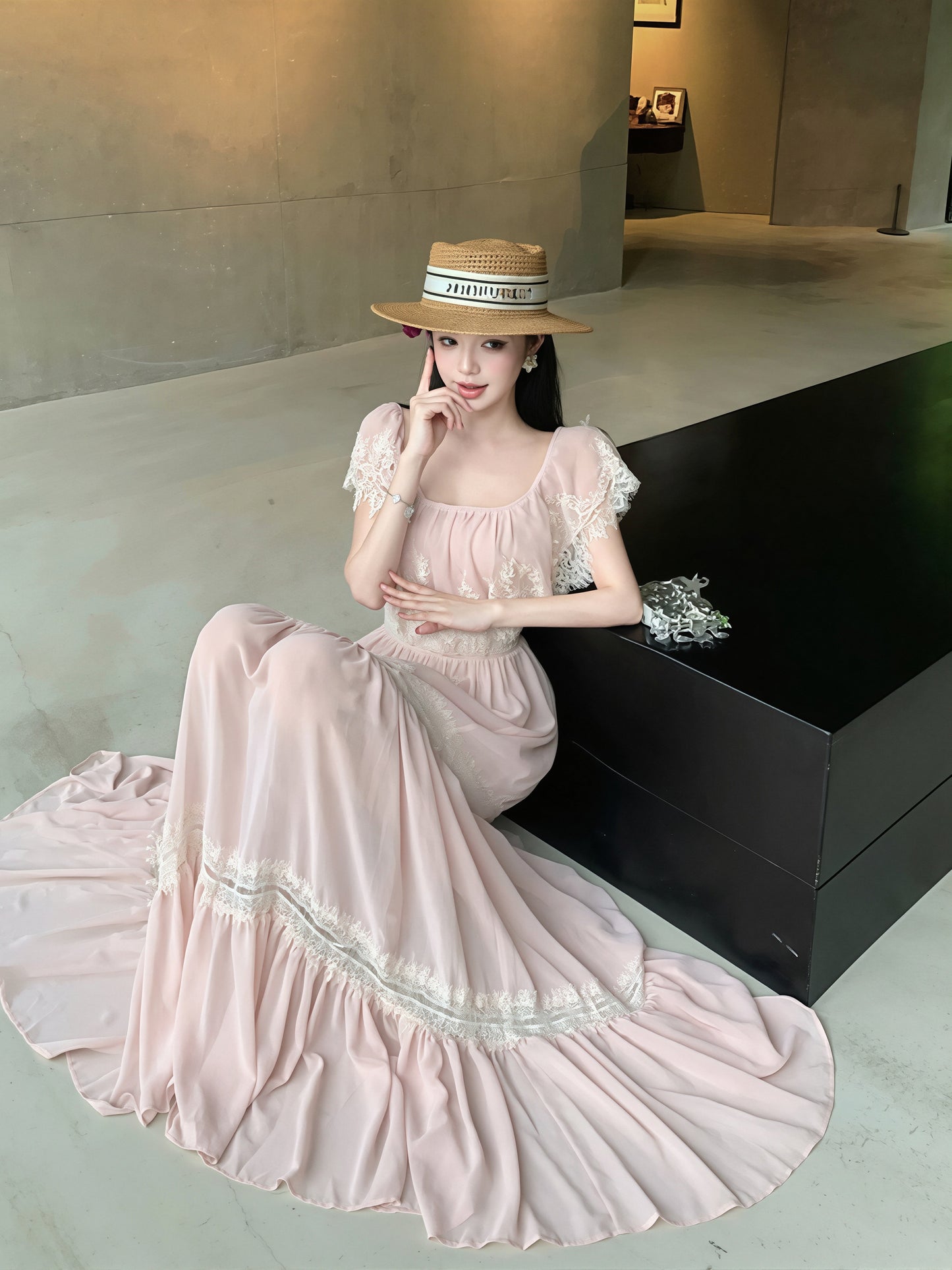 【dress】レースドッキングロングワンピース Q8717