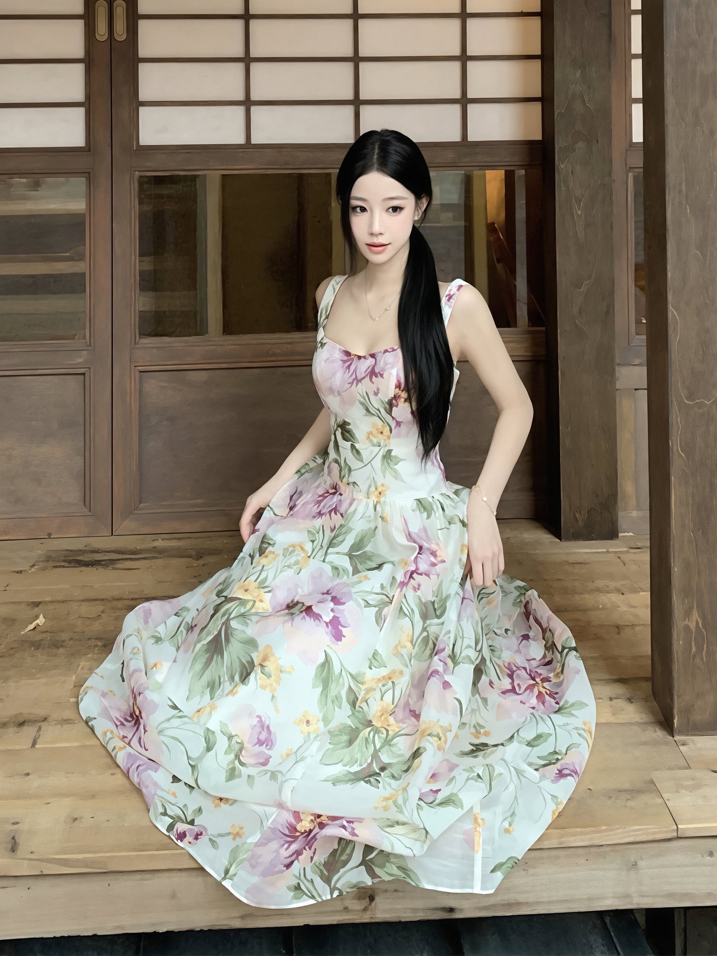 【dress】フラワー柄ロングキャミワンピース Q8719