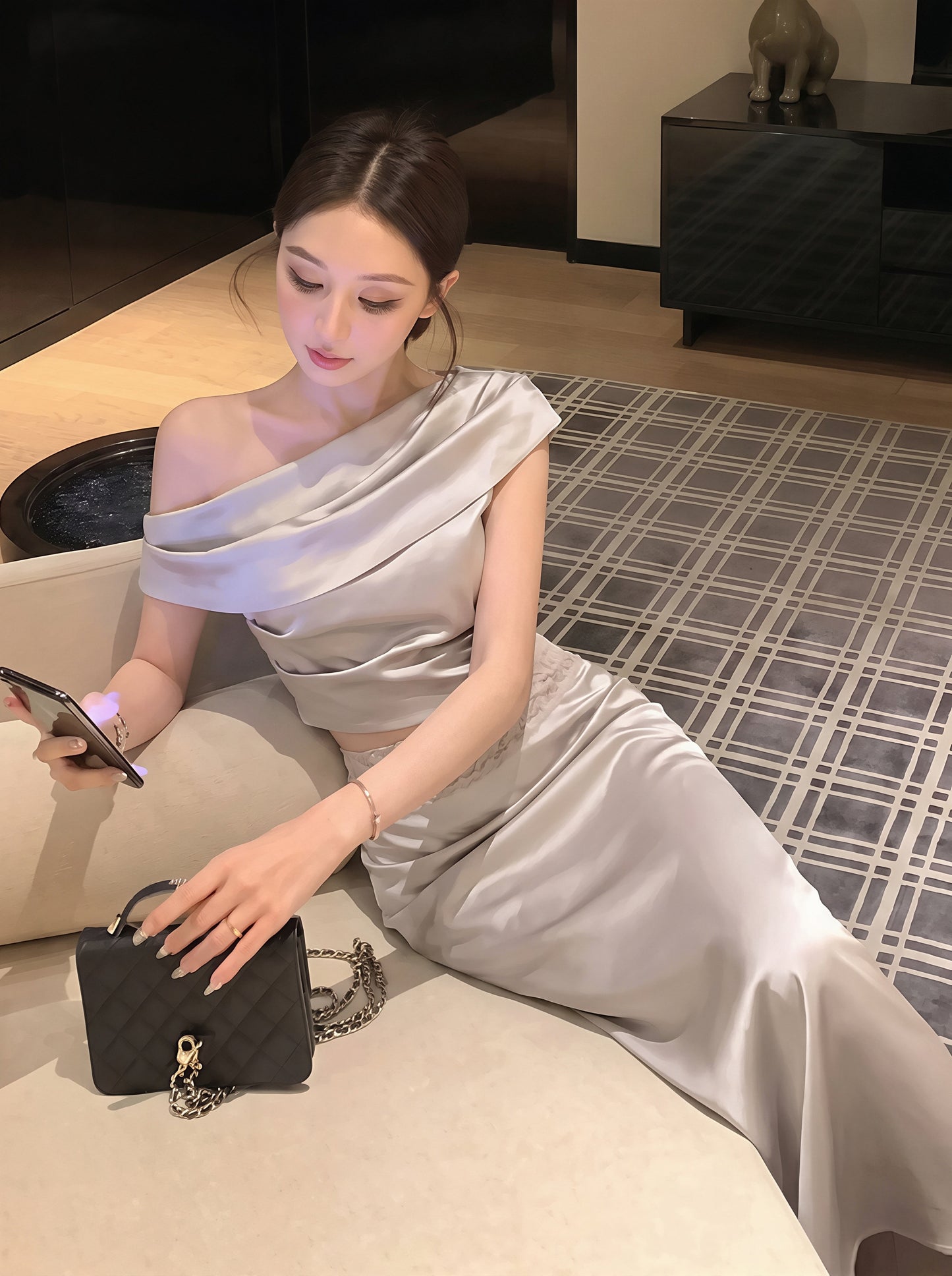 【set】ワンショルダートップス×レースドッキングロングスカートセット Q8792