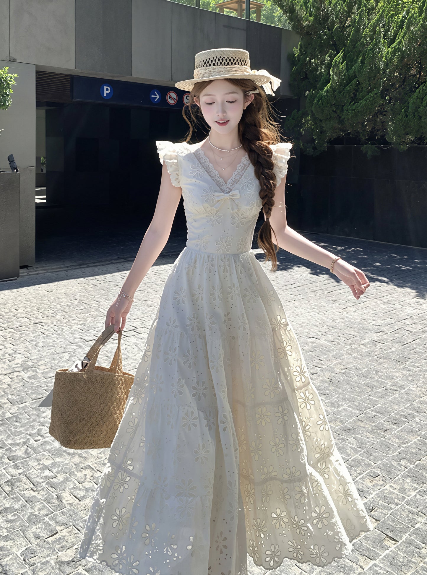 【dress】フラッタースリーブロングレースワンピース Q8819