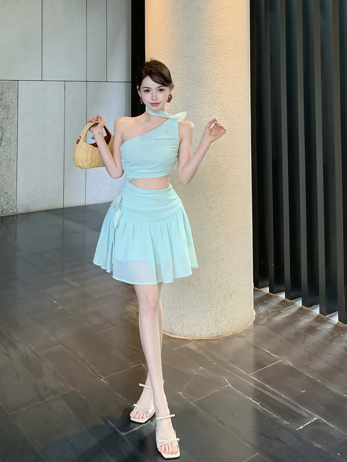 【dress】ワンショルダー腰カットシフォンワンピース Q8718
