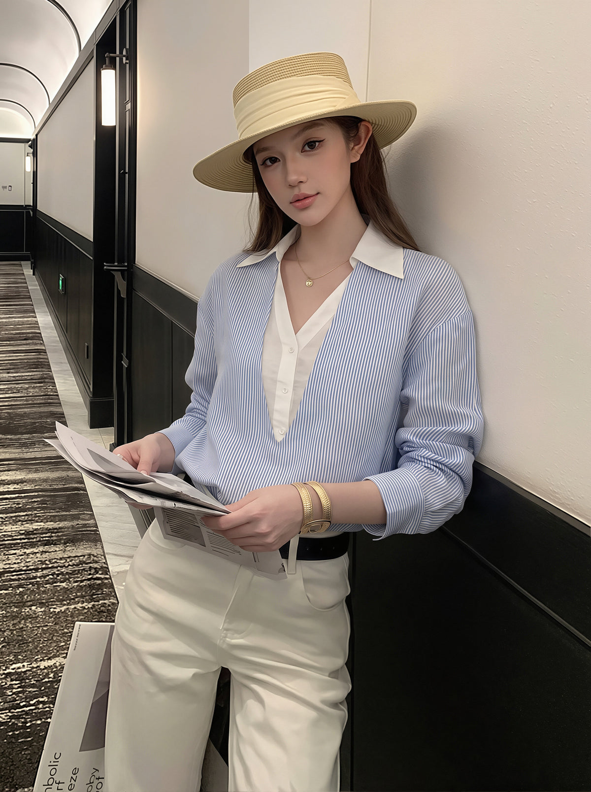 【tops】ストライプ柄フェイクレイヤードトップス Q8784