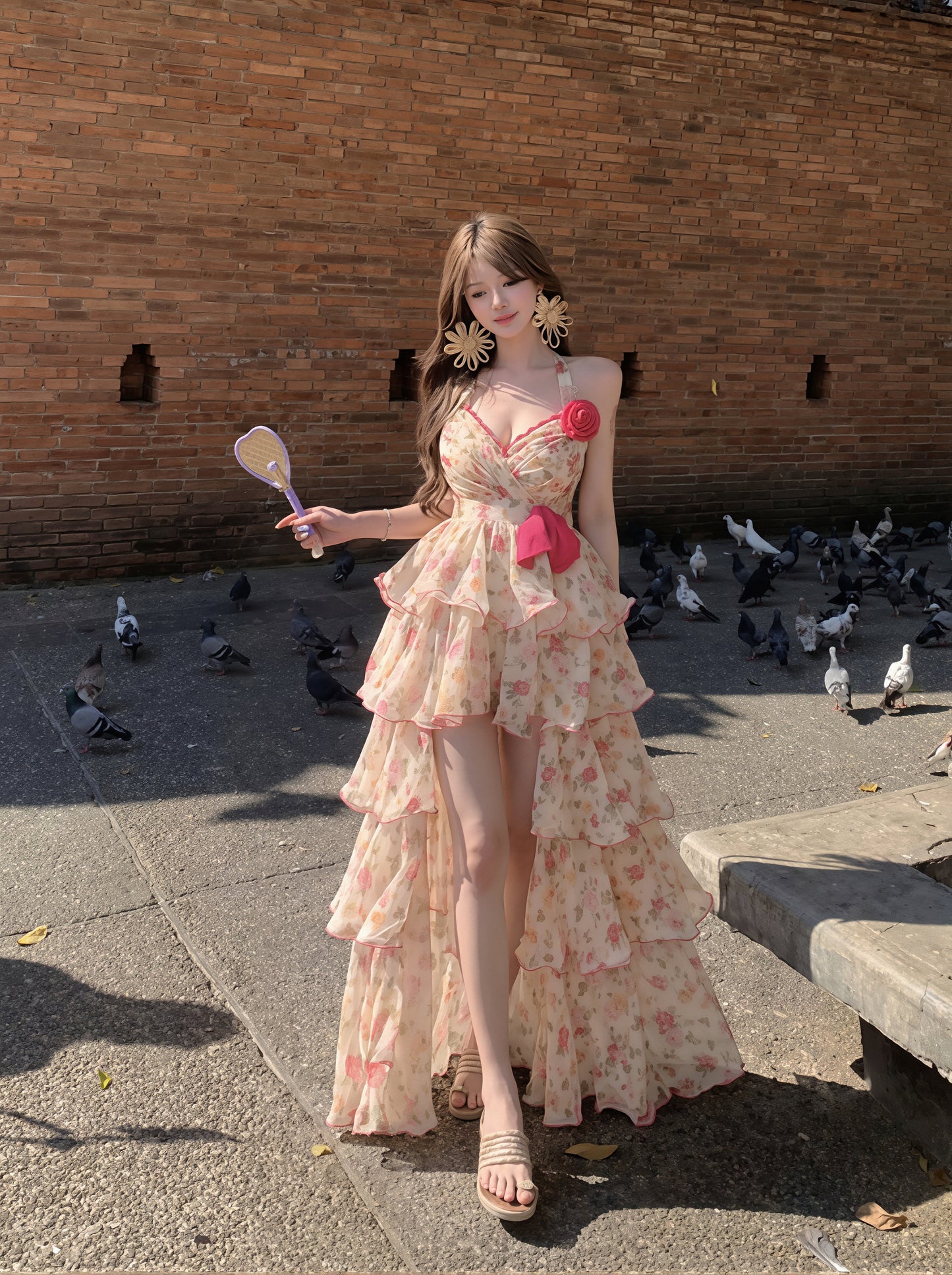 【dress】フラワー柄イレヘムロングキャミワンピース Q8851