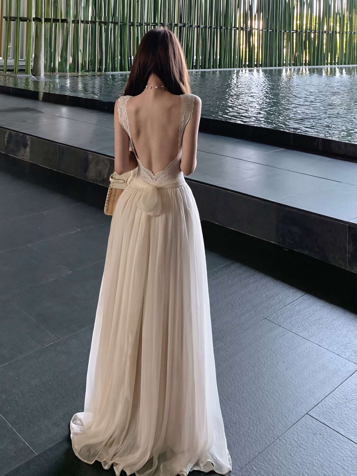 【dress】レースドッキングチュールロングワンピース Q8854