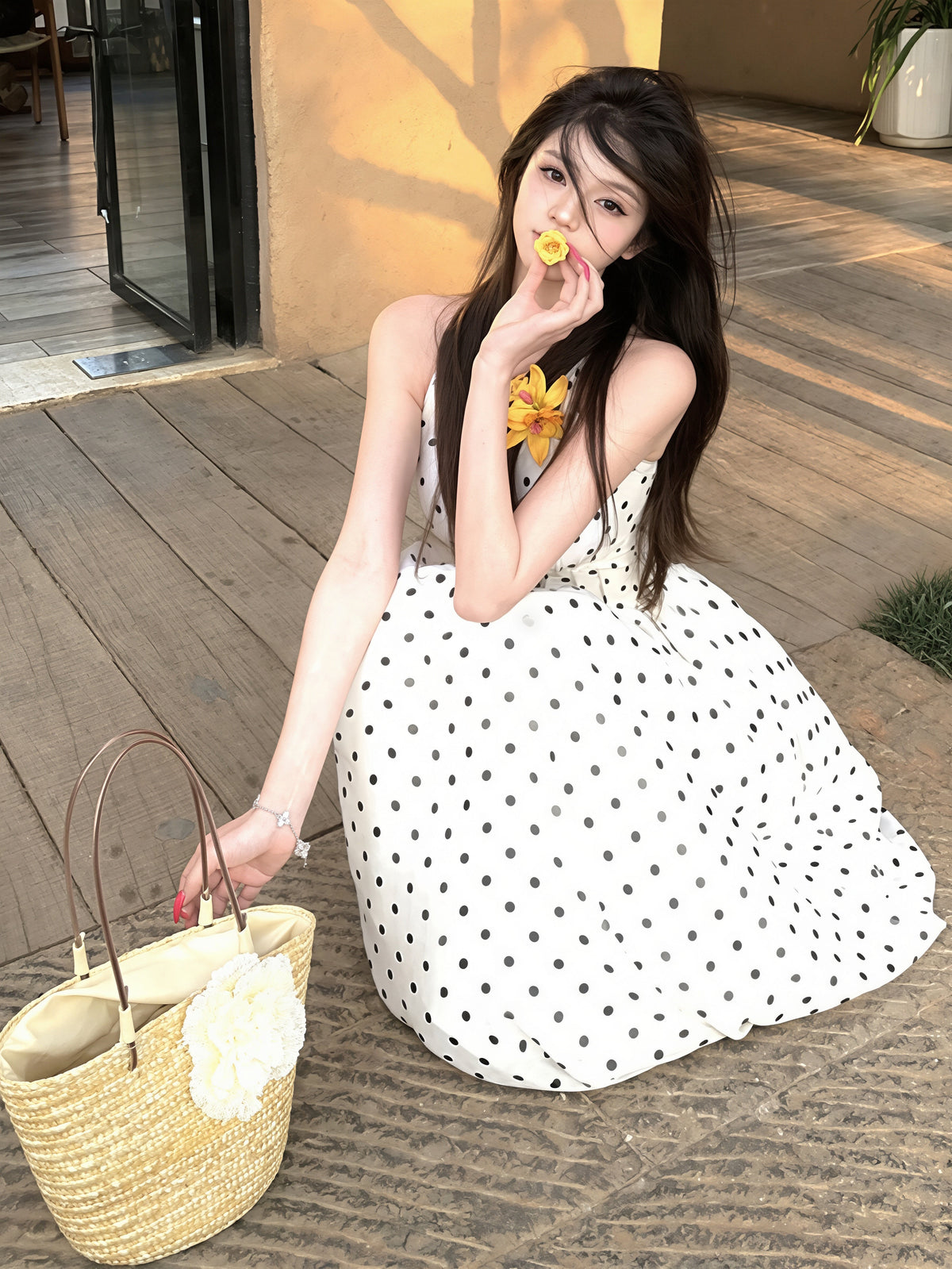 【dress】ドット柄ホルターネックAラインワンピース Q8842