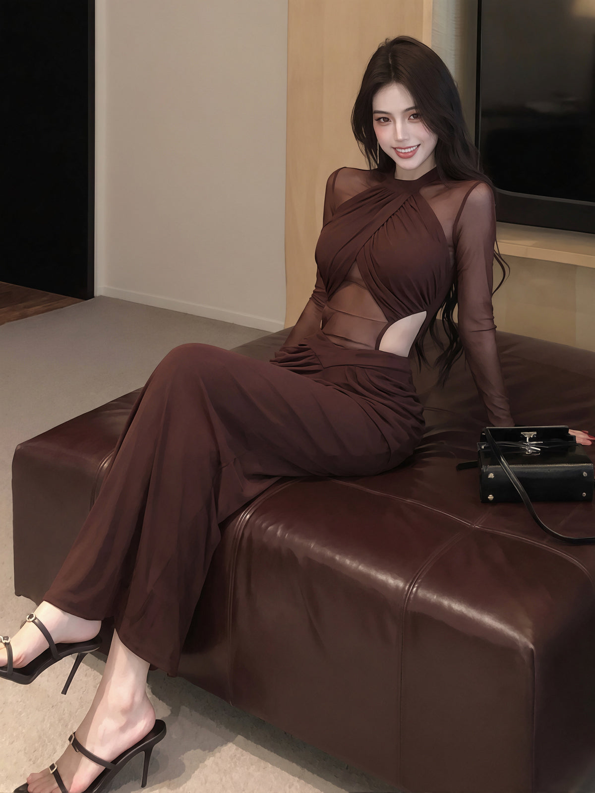【dress】チュールドッキングウエストカットロングワンピース Q8831