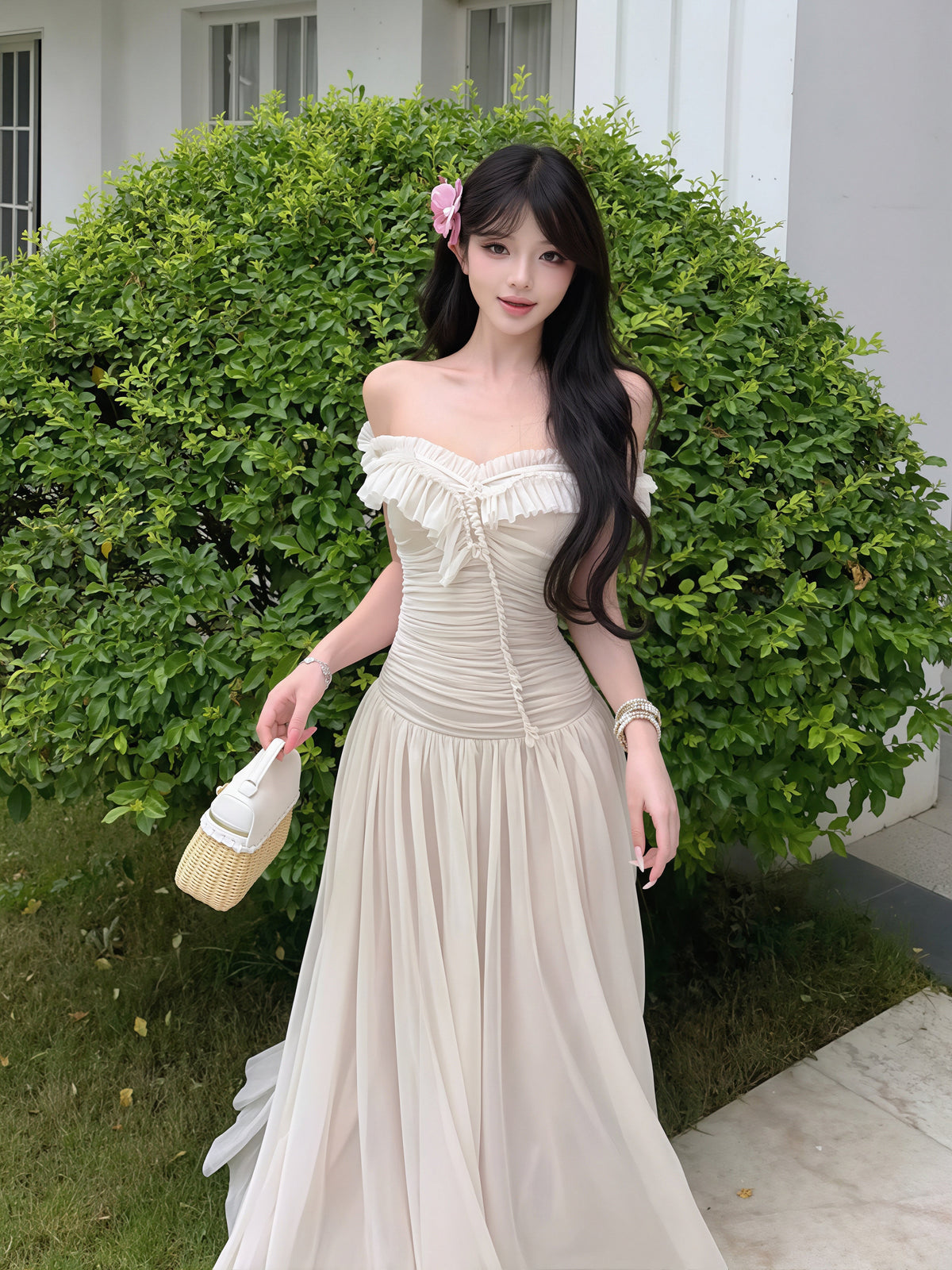 【dress】オフショルダーシアーチュールロングワンピース Q8850