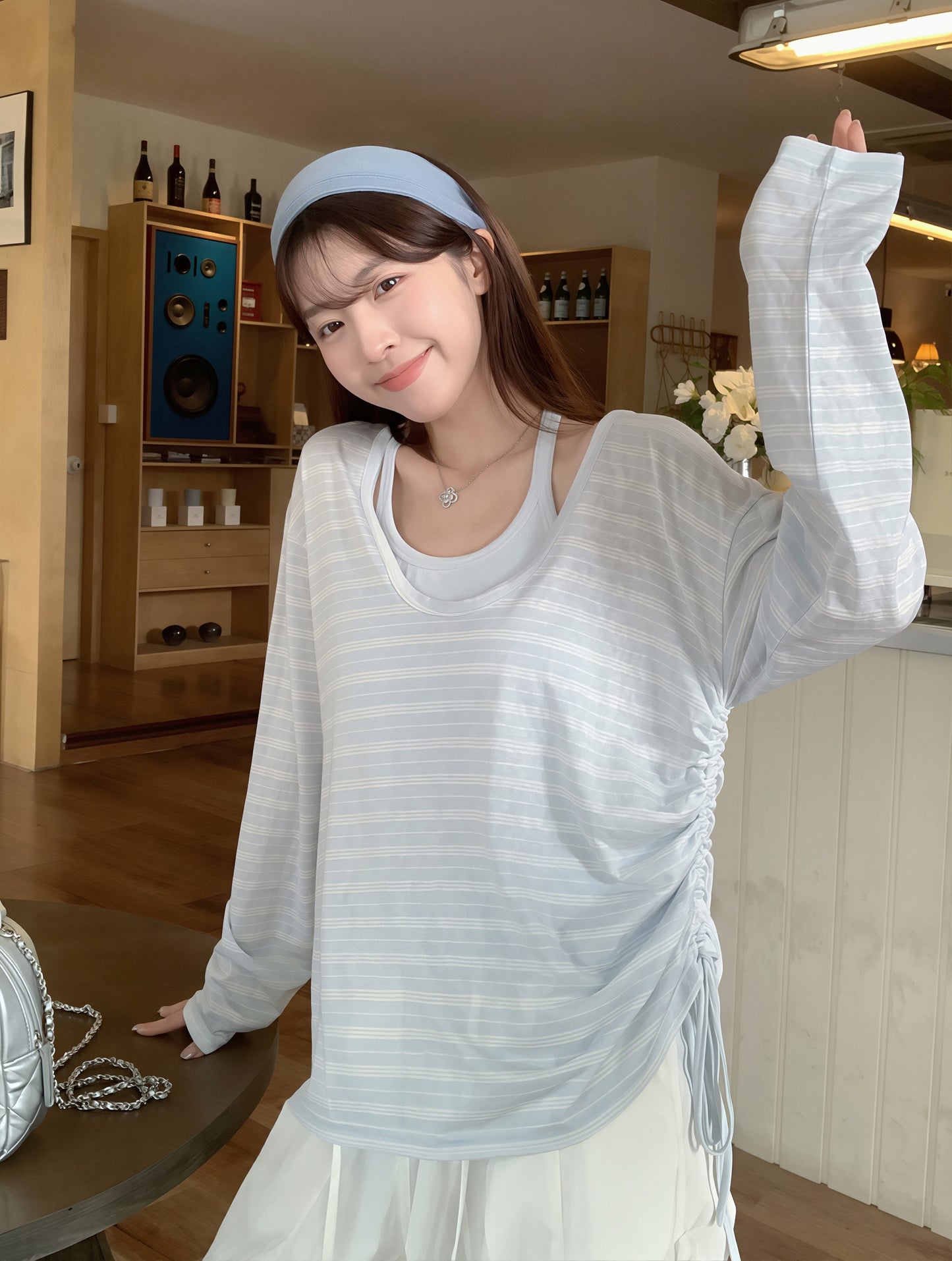 【set】ボーダー柄トップス×キャミソールセット Q8862