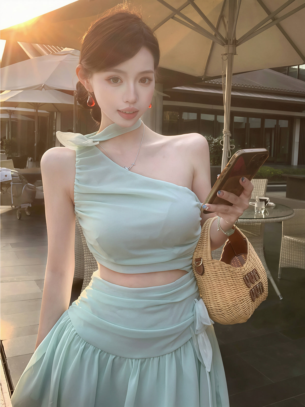 【dress】ワンショルダー腰カットシフォンワンピース Q8718