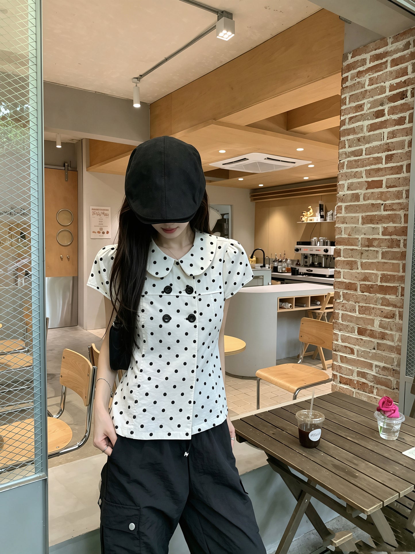 【tops】ドット柄ピーターパンカラートップス Q8858