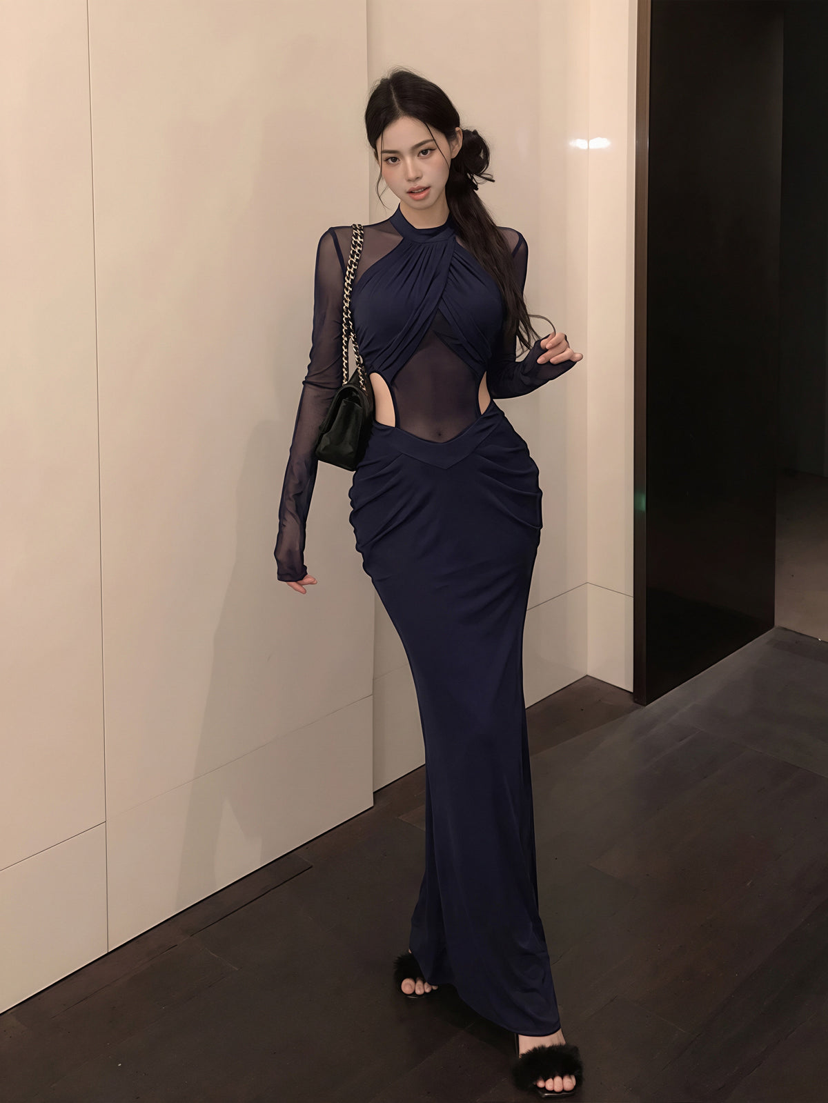 【dress】チュールドッキングウエストカットロングワンピース Q8831