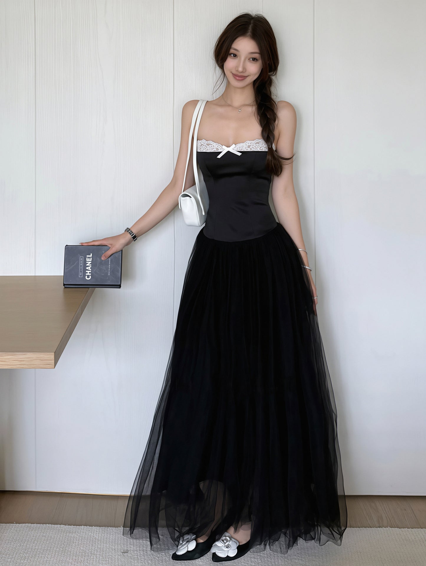 【dress】チュールドッキングAラインロングキャミワンピース Q8867