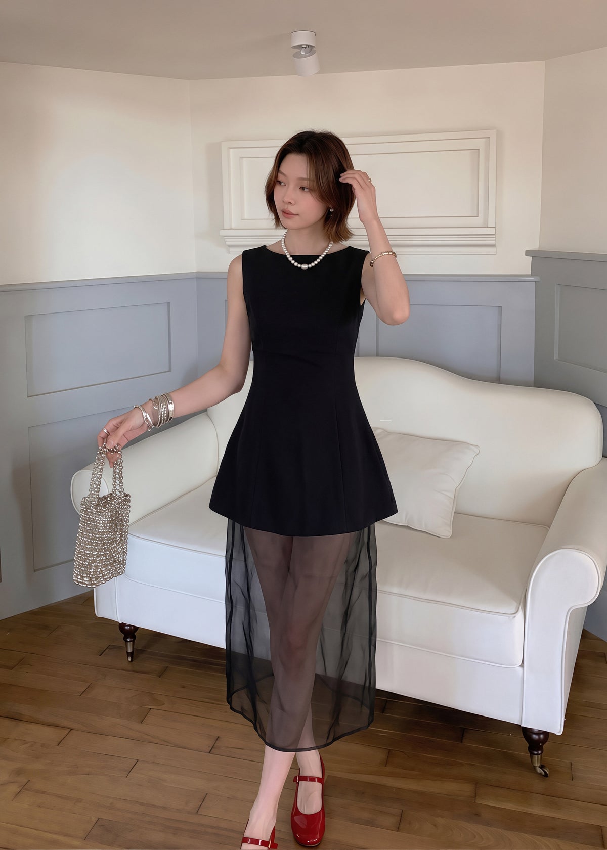 【set】バックチェーンミニワンピース×シアースカートセット Q8815