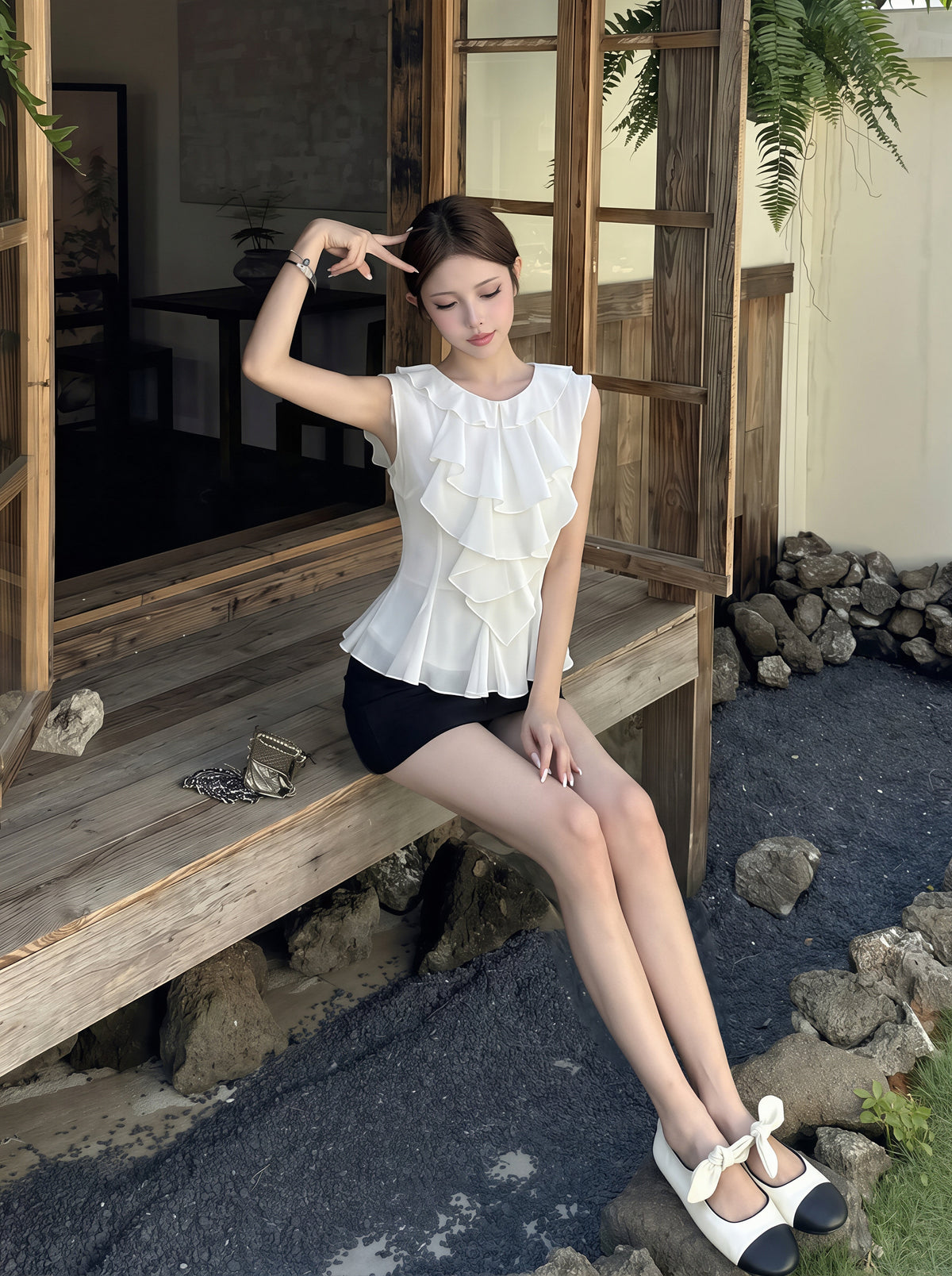 【tops】ノースリーブフリルカラーシャツ Q8733