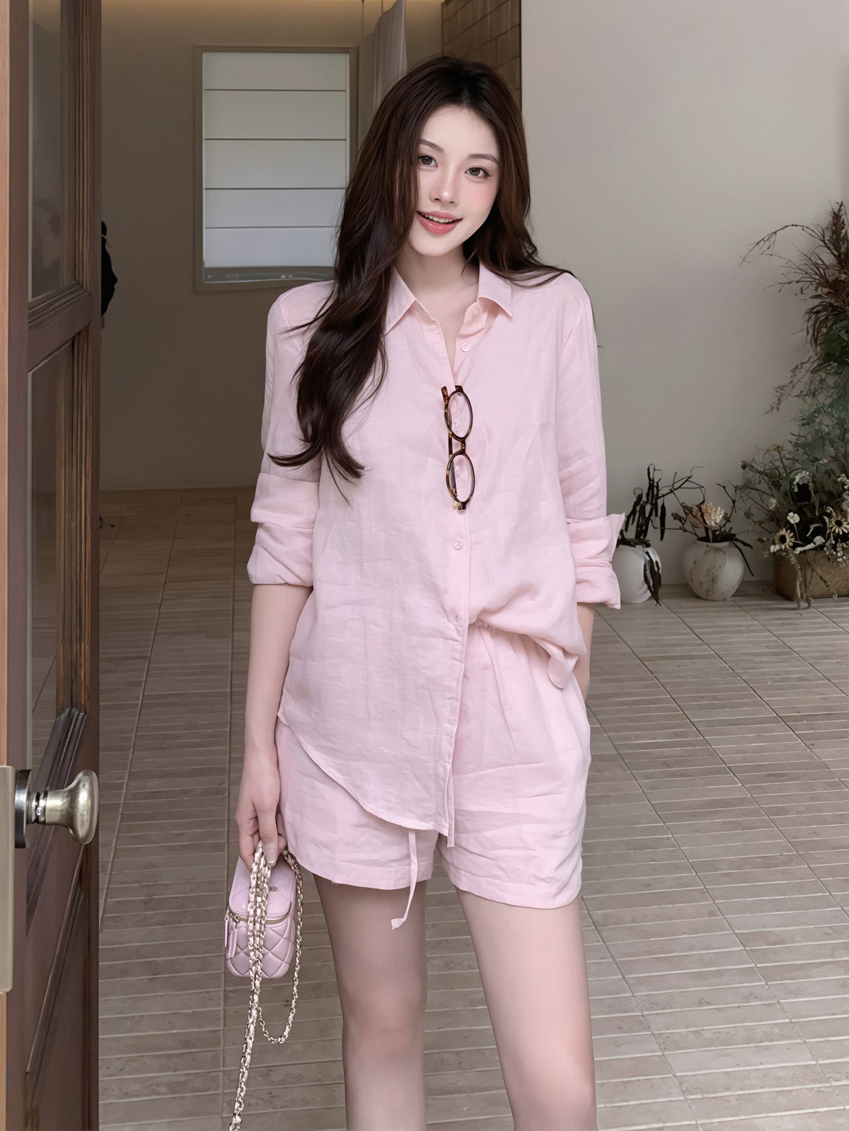【set】シャツ×ショートパンツセット Q8780