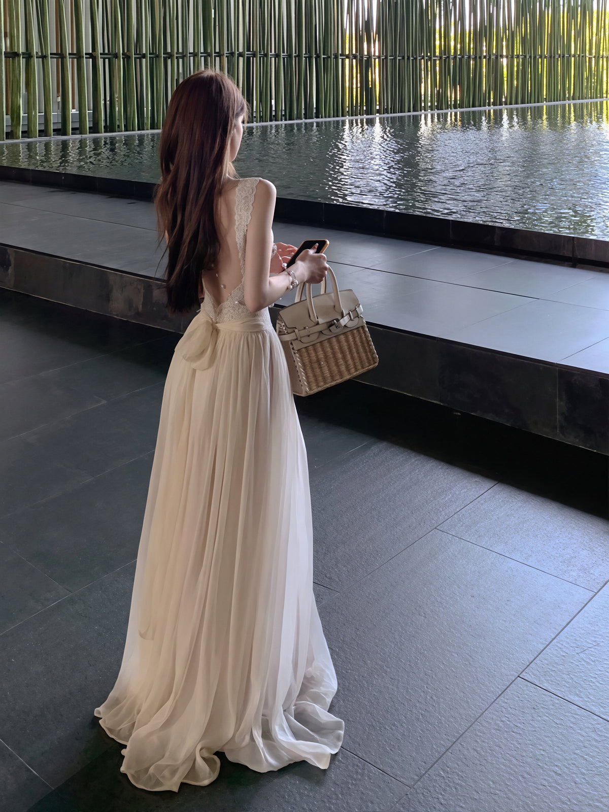 【dress】レースドッキングチュールロングワンピース Q8854