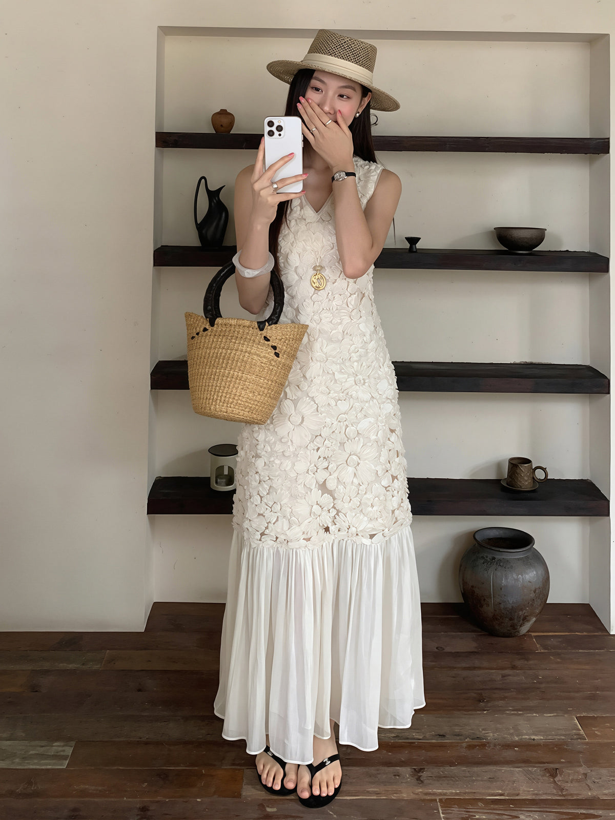 【dress】Vネックチュールドッキングロングベストワンピース Q8824