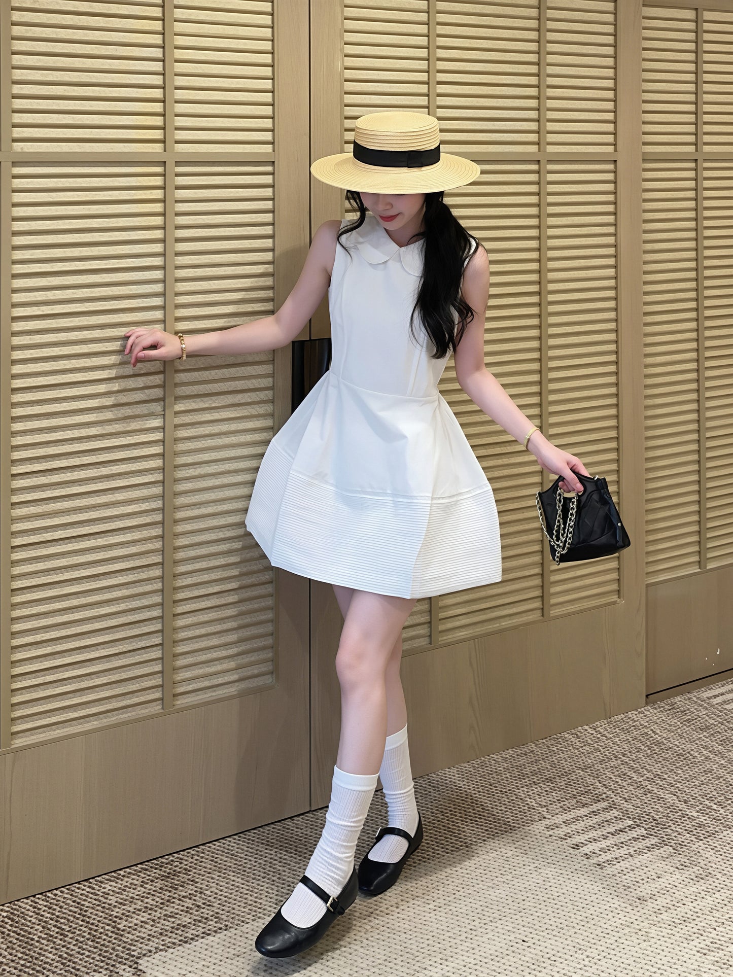 【dress】ピーターパンカラーノースリーブAラインワンピース Q8828