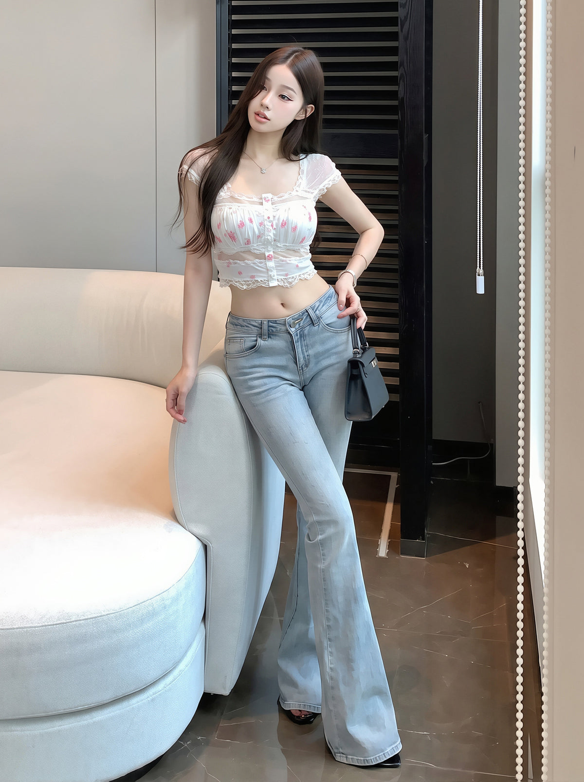 【tops】フラワー柄レースドッキングトップス Q8727