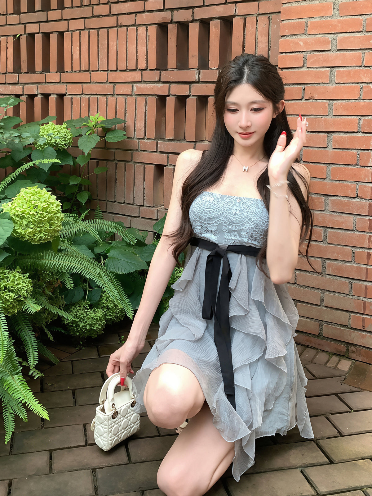 【dress】レースドッキングミニキャミワンピース Q8866