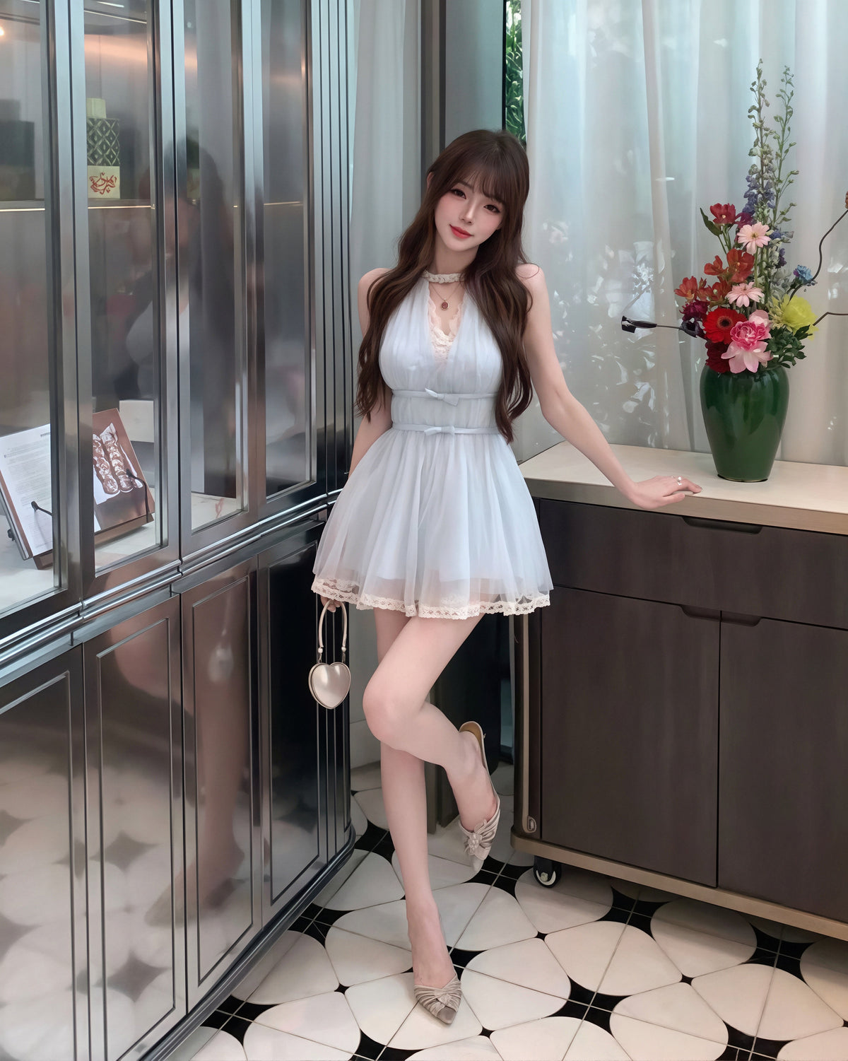 【dress】ラインストーン付きレースドッキングワンピース Q8935