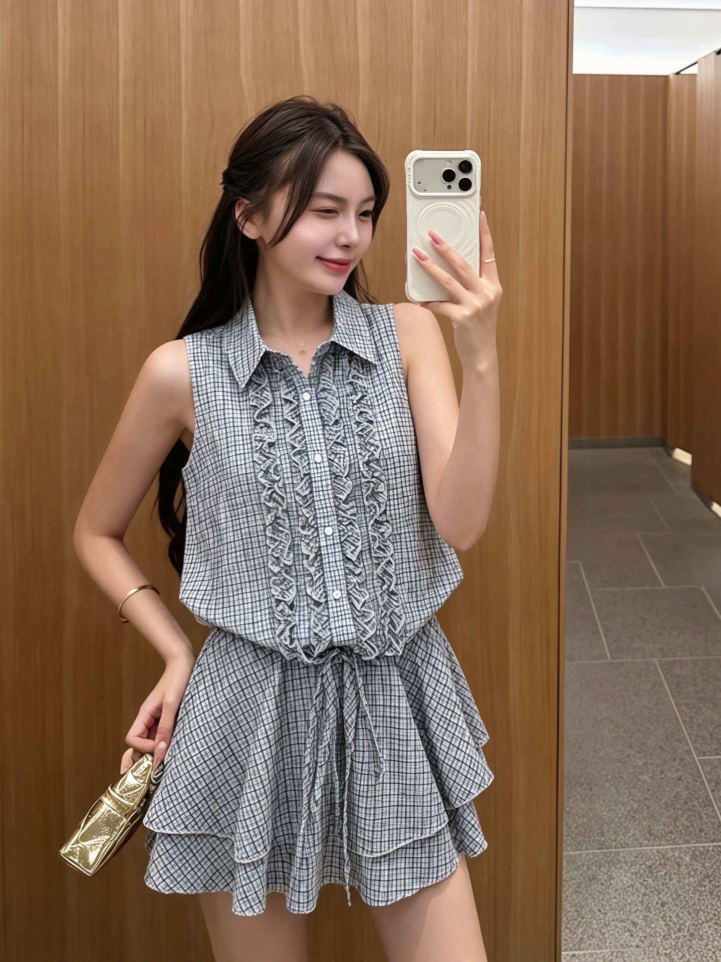 【dress】ギャザーフリルノースリーブワンピース Q8821