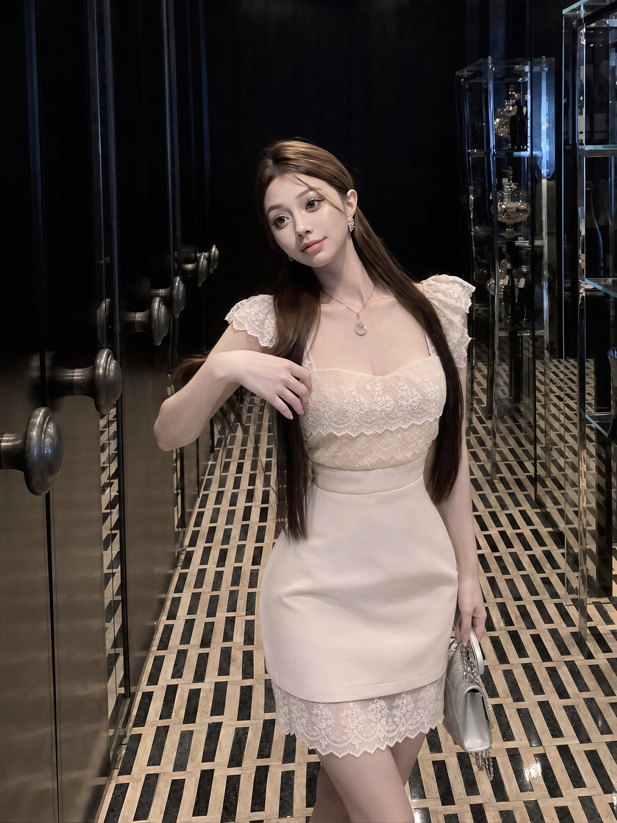 【dress】フラッタースリーブレースワンピース Q8778