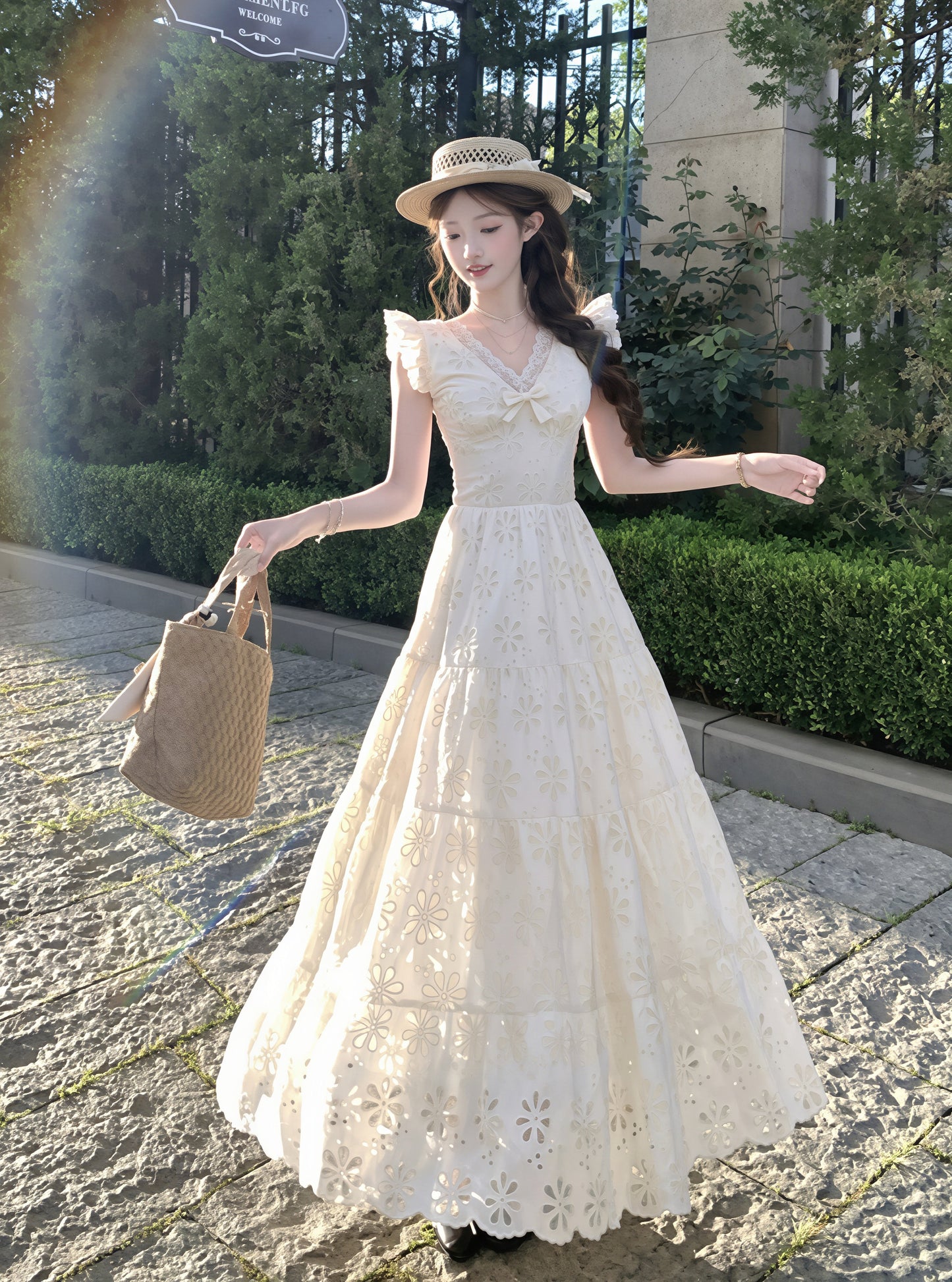 【dress】フラッタースリーブロングレースワンピース Q8819