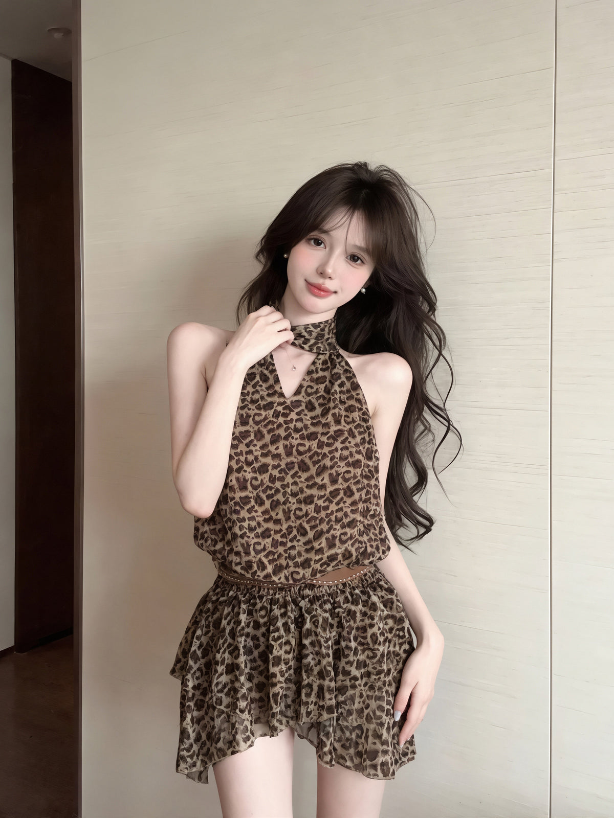 【dress】ノースリーブヒョウ柄ワンピース Q8897