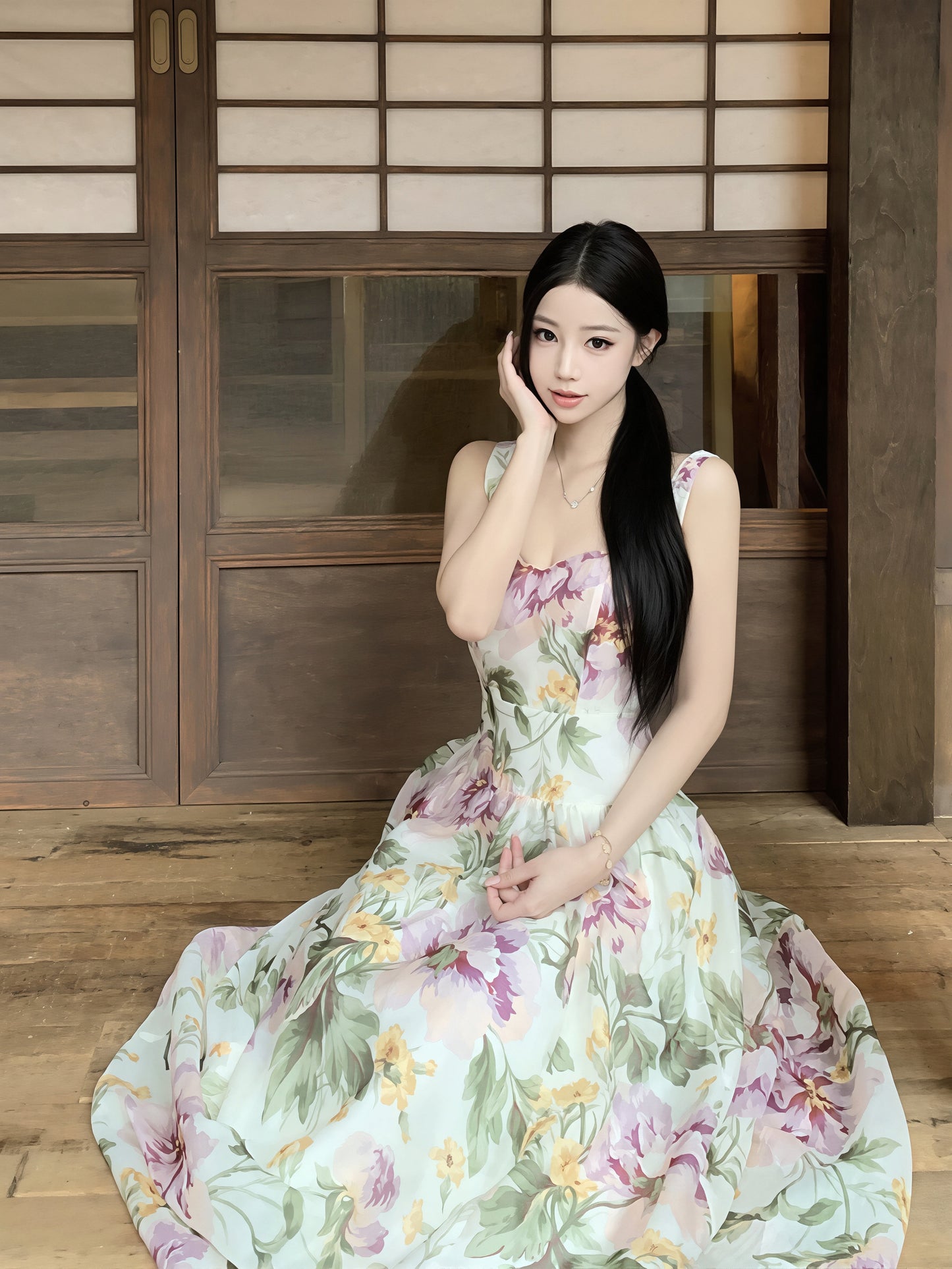 【dress】フラワー柄ロングキャミワンピース Q8719