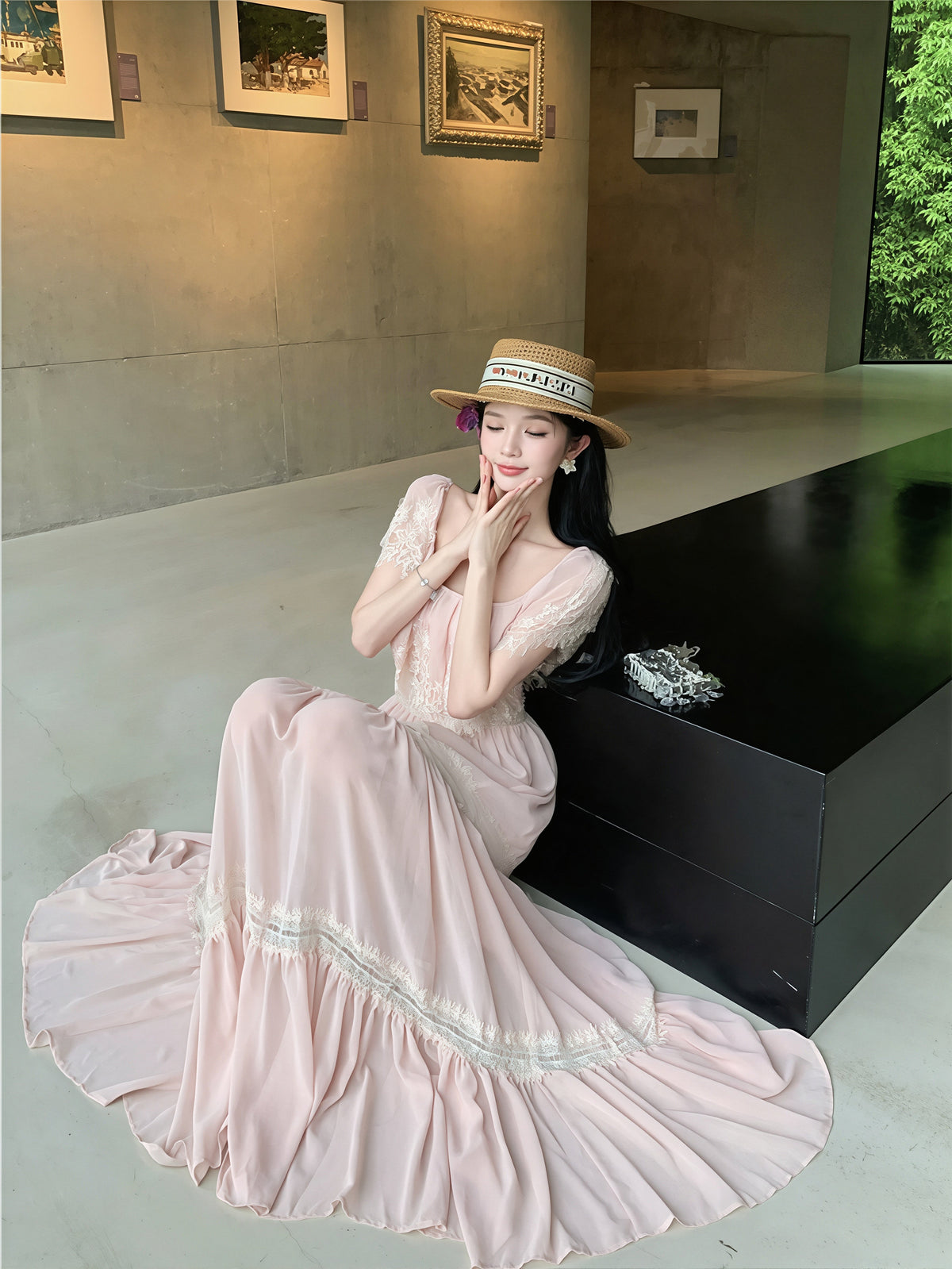 【dress】レースドッキングロングワンピース Q8717